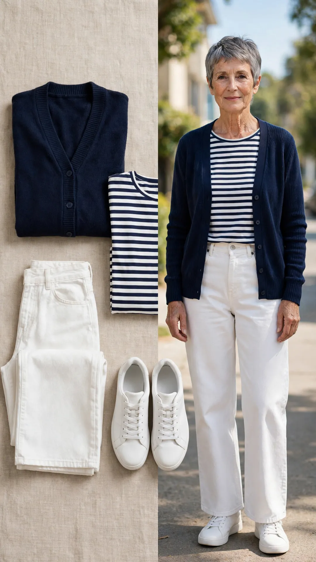 Split outfit idea: White Wide-Leg + Navy Cardigan flat lay, and a mature woman over 50 wearing it