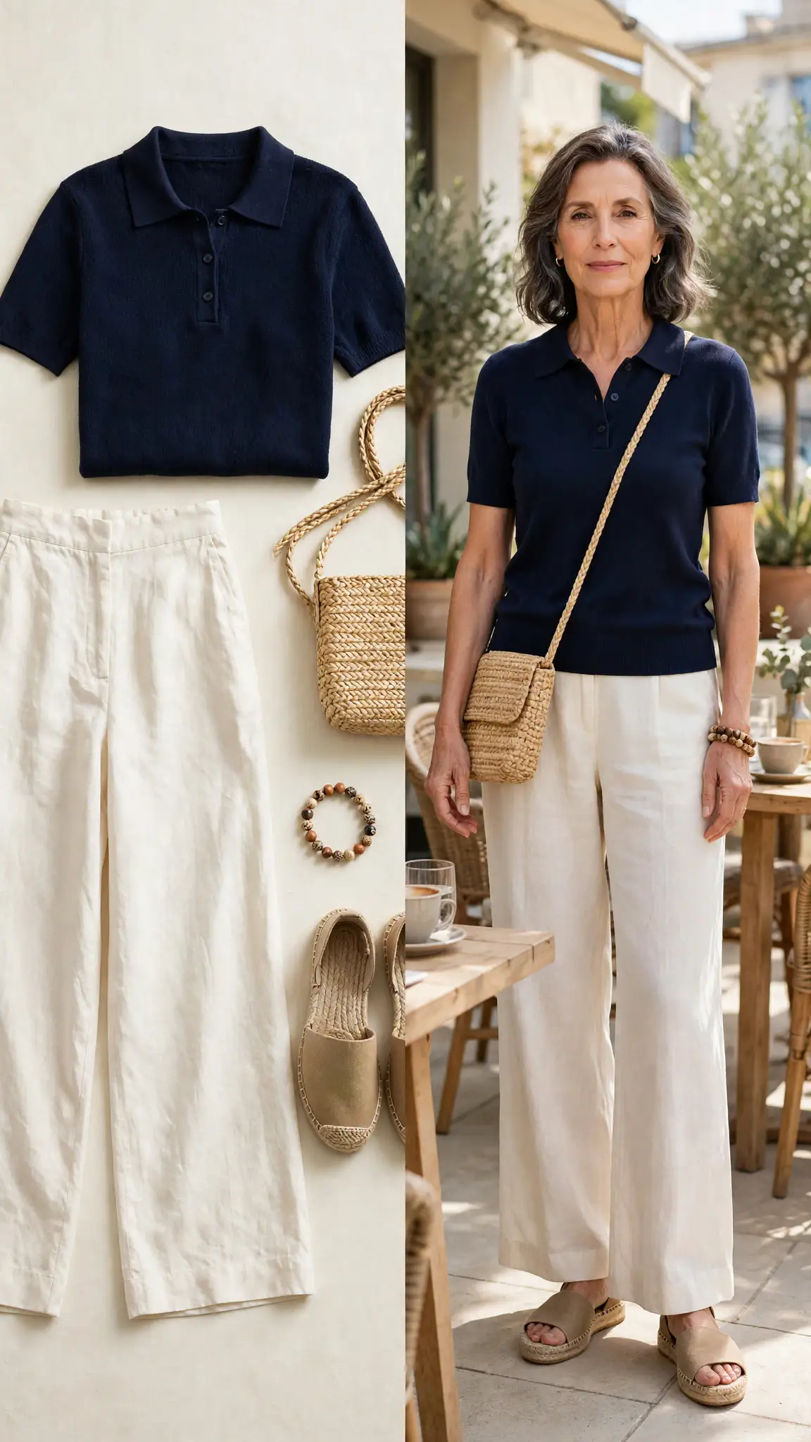 Split outfit idea: Linen Pants and a Knit Polo for Brunch flat lay, and a mature woman over 50 wearing it