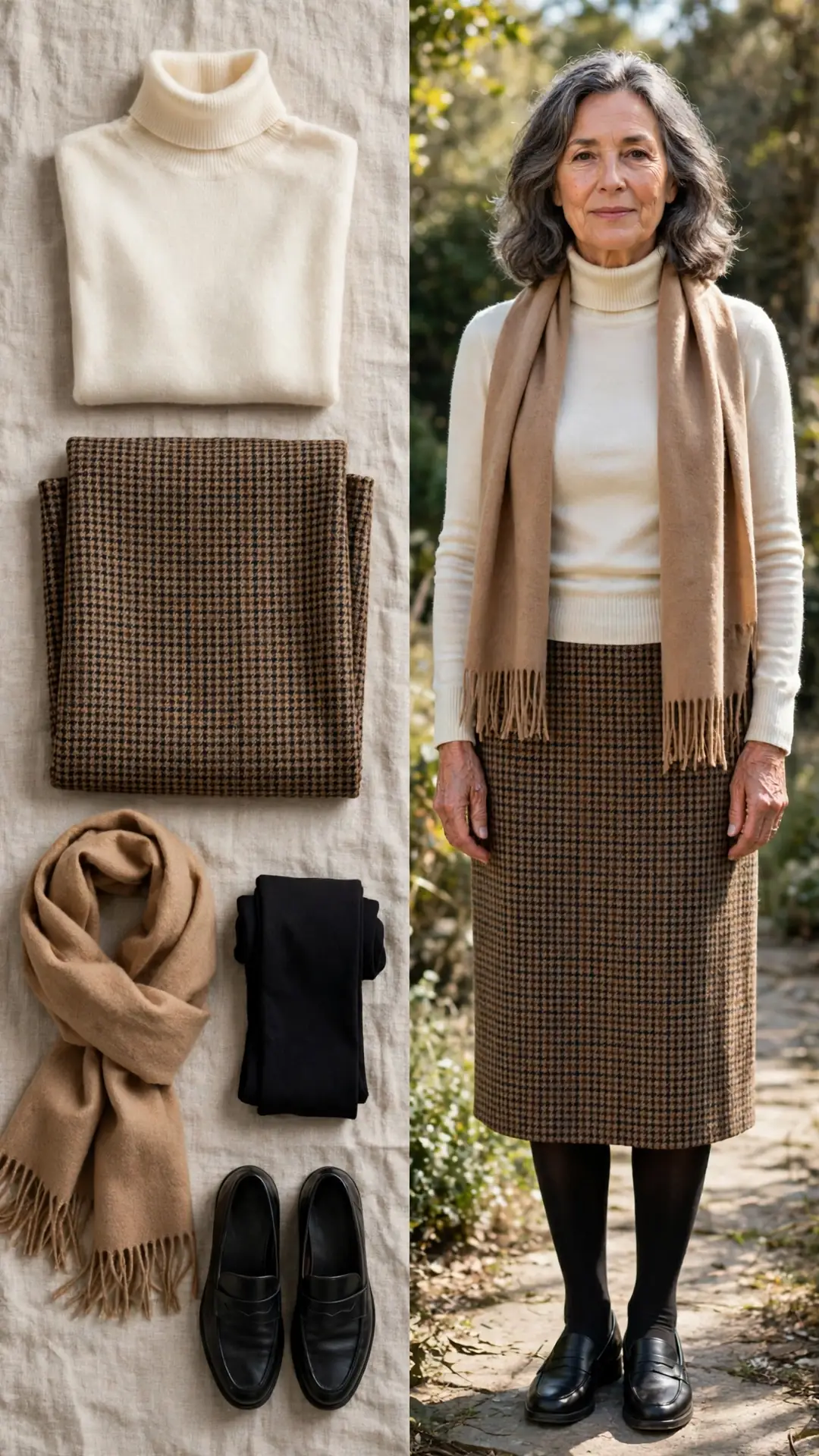 Split outfit idea: cream turtleneck sweater, brown houndstooth tweed midi skirt, black tights and loafers flat lay, and a mature woman wearing them
