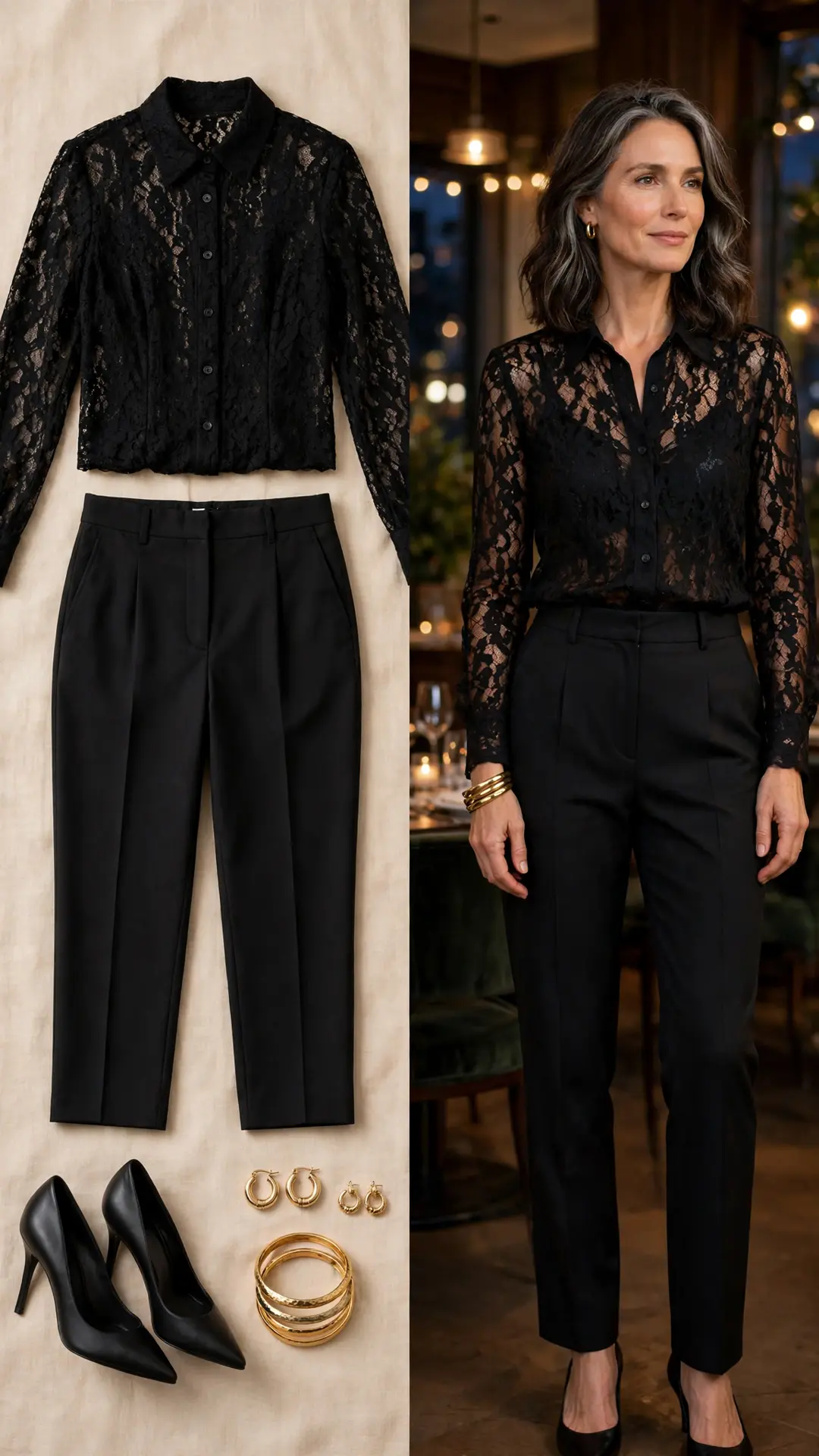 Split image: flat lay of a black lace blouse, black high-waist tailored trousers, black patent pointed pumps, a gold bangle set and gold huggie earrings, beside a woman in her 50s wearing the full outfit in a softly lit restaurant.