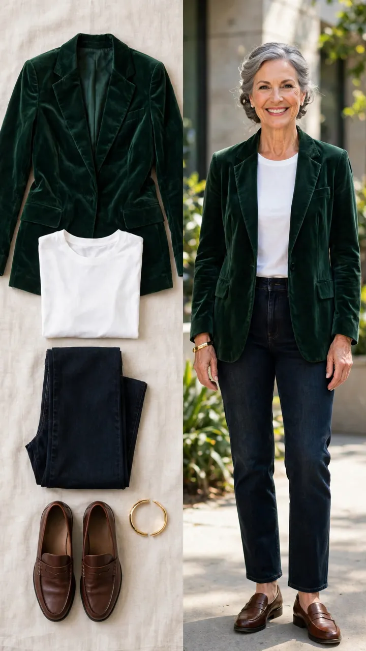 Split outfit idea: The Velvet Touch flat lay, and a mature woman over 50 wearing it
