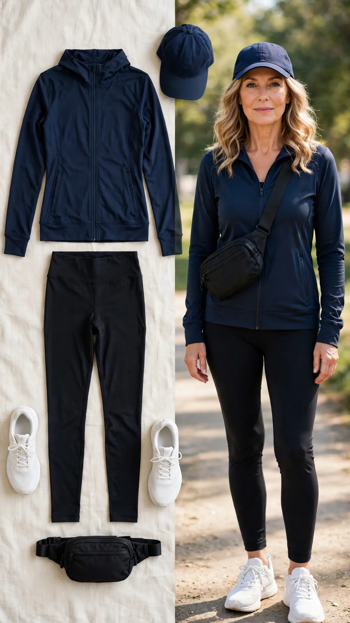 Split outfit idea: The Plane-Day Athleisure Set flat lay, and a mature woman over 50 wearing it