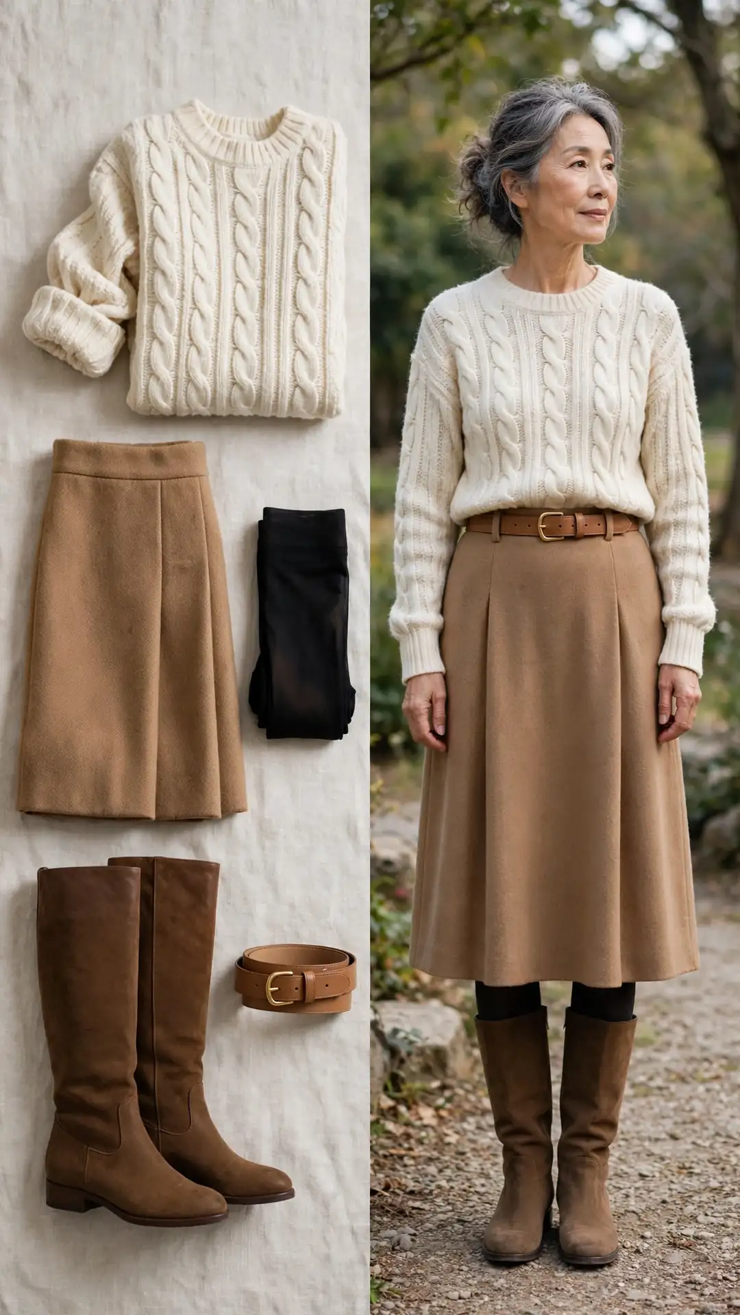 Split outfit idea: ivory cable-knit sweater and camel wool midi skirt flat lay and a mature woman wearing them with black tights and brown knee boots