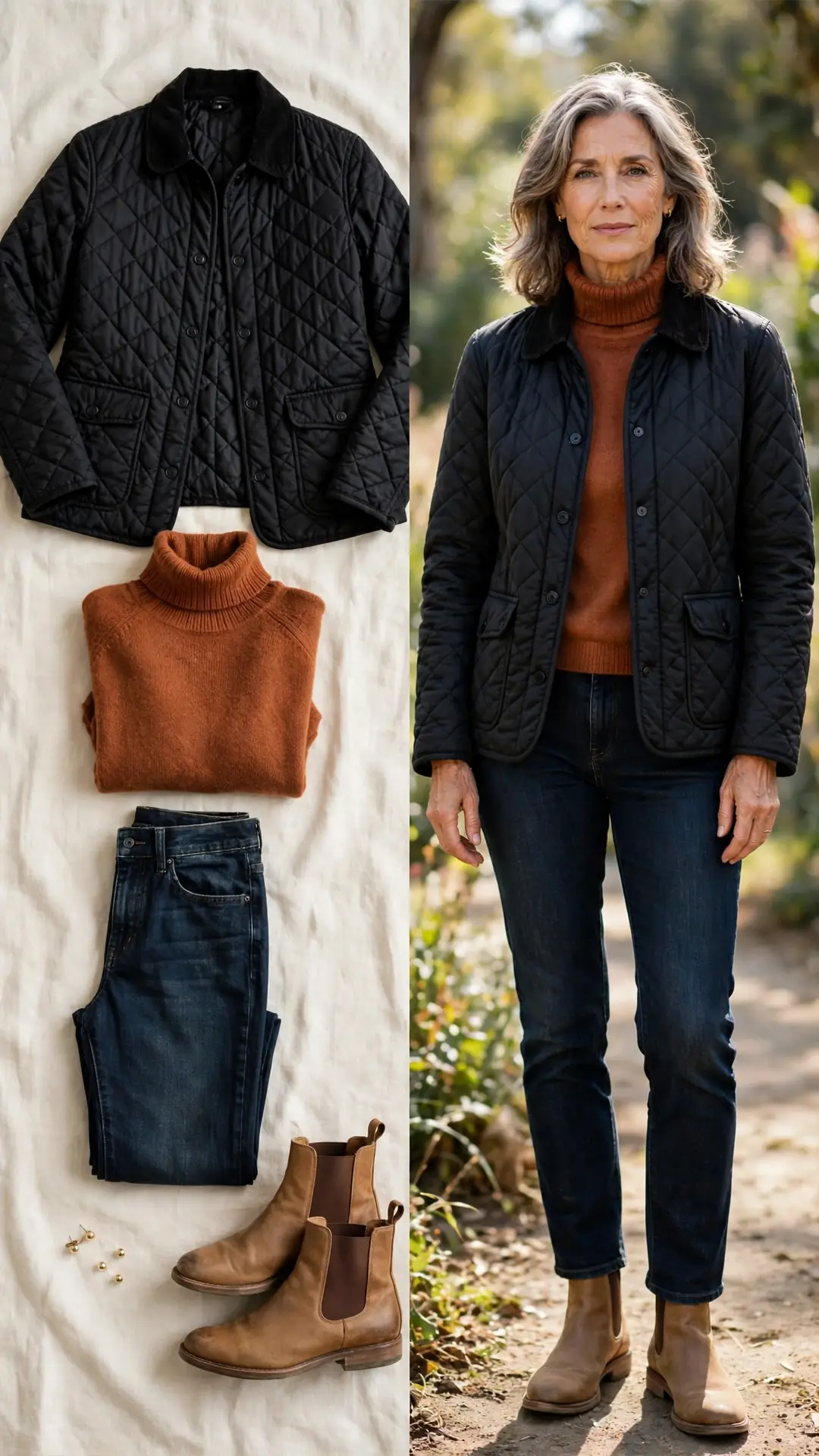 Black quilted barn jacket with rust turtleneck, dark jeans and tan Chelsea boots