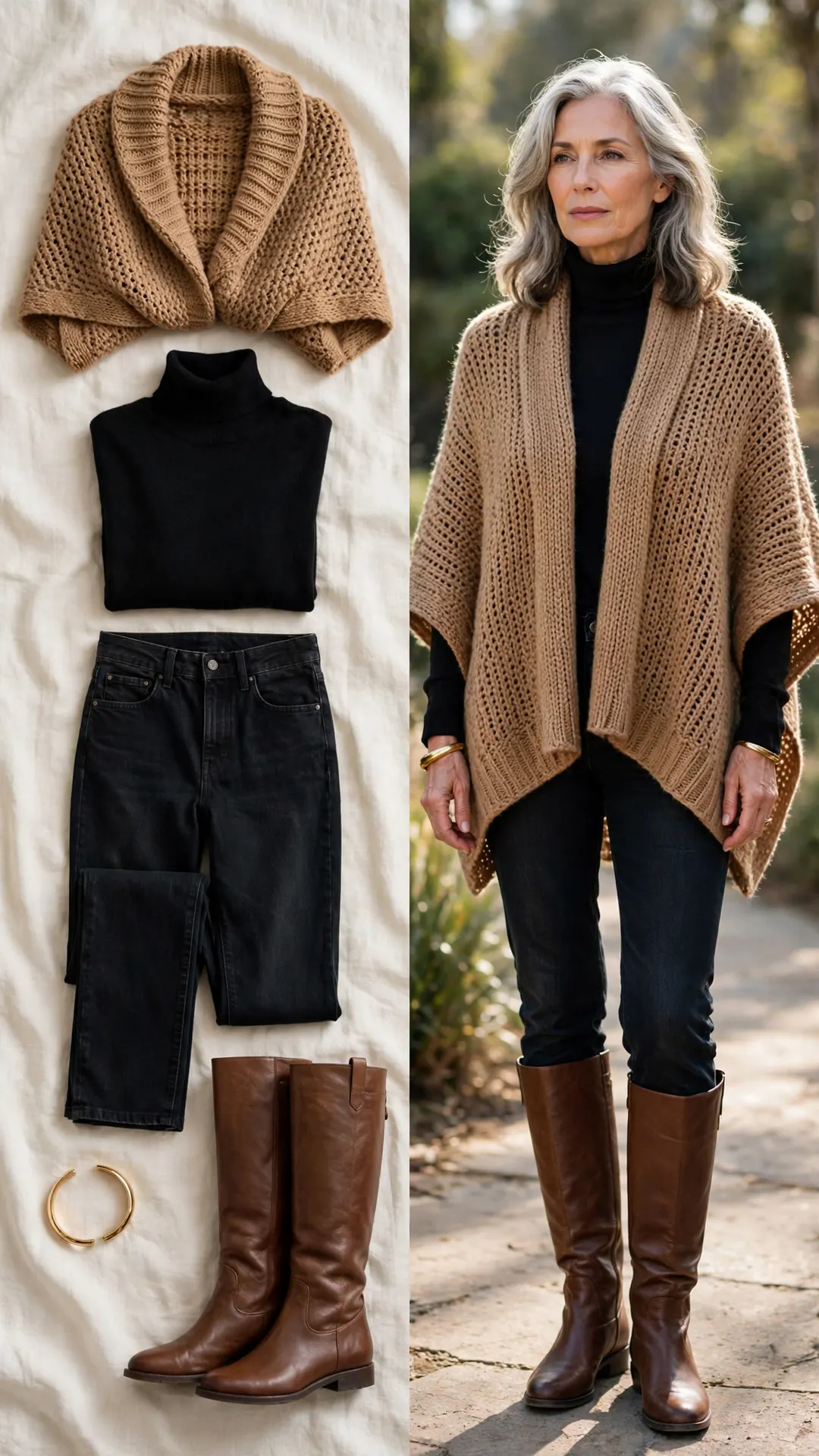 Split outfit idea: camel knit poncho, black turtleneck, dark straight-leg jeans and brown knee-high boots, and a mature woman wearing it with a gold bangle bracelet.