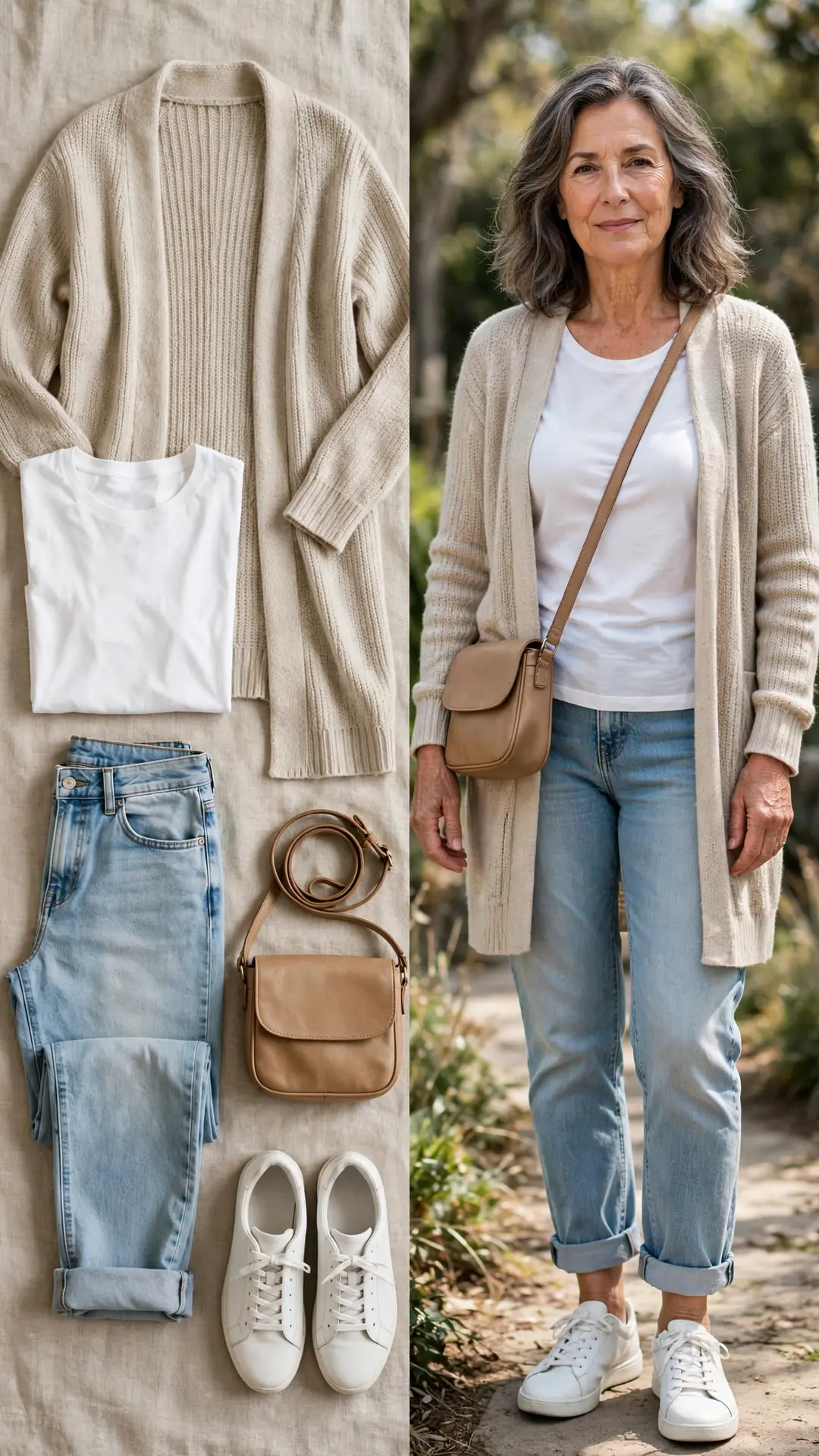 Split outfit idea: light-wash boyfriend jeans, white tee, oatmeal long cardigan and white sneakers flat lay, and a mature woman wearing them