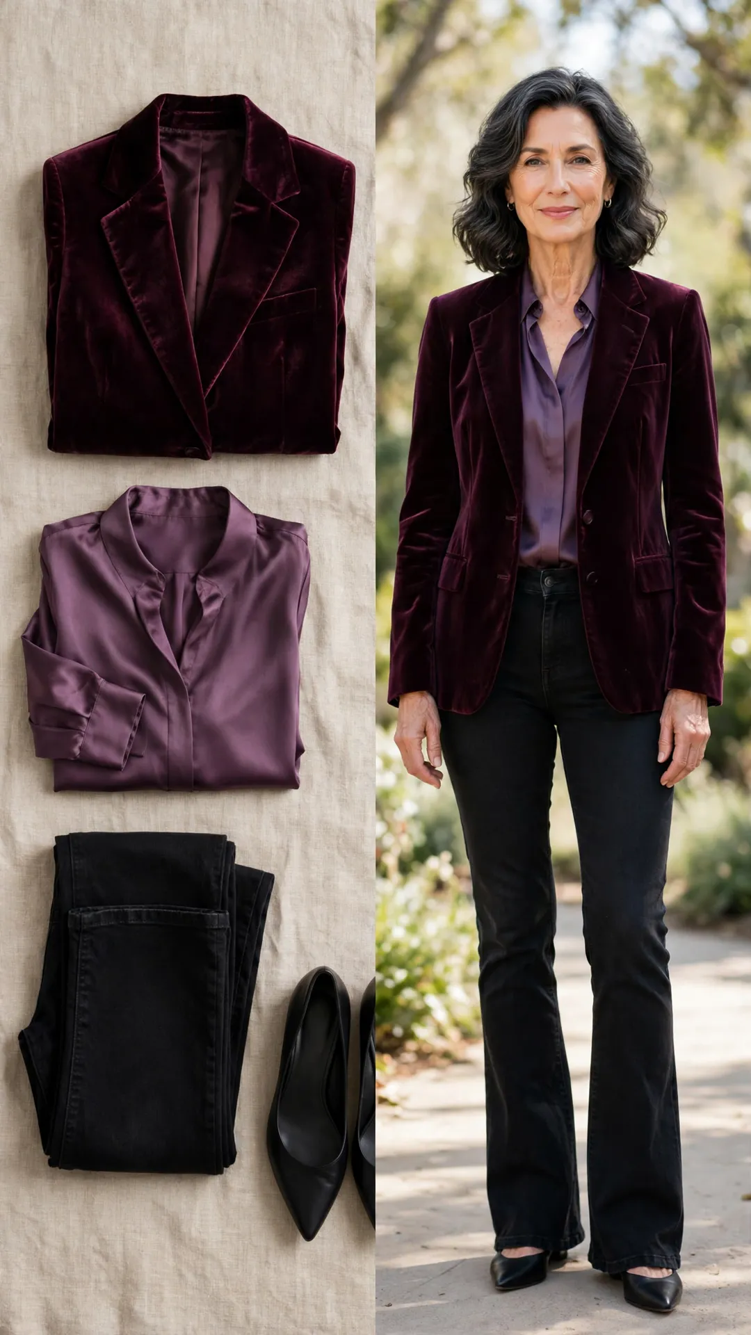Split outfit idea: Black Bootcut + Wine Velvet Blazer flat lay, and a mature woman over 50 wearing it