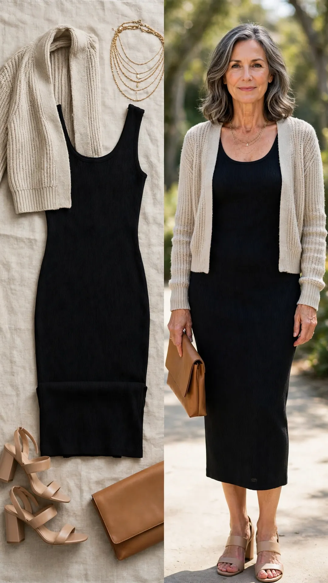 Split outfit idea: black ribbed column midi dress, oatmeal cropped cardigan, nude block-heel sandals and tan clutch flat lay, and a mature woman wearing them
