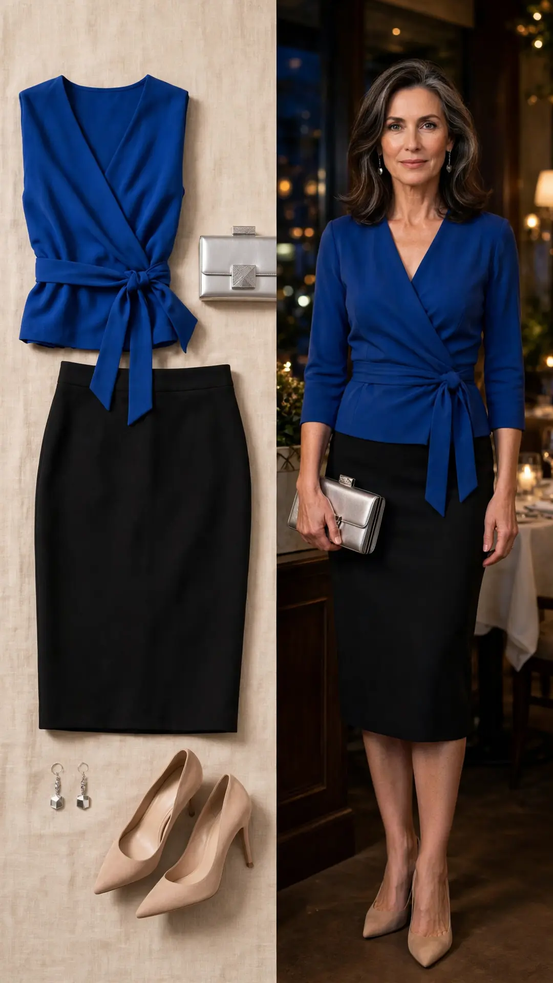 Split image: flat lay of a cobalt blue wrap top, black pencil midi skirt, nude pointed pumps, a silver box clutch and silver drop earrings, beside a woman in her 50s wearing the full outfit in an upscale restaurant.