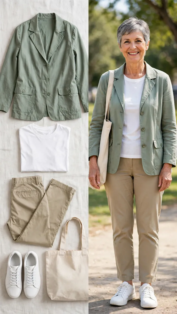 Split outfit idea: The Utility Relax flat lay, and a mature woman over 50 wearing it