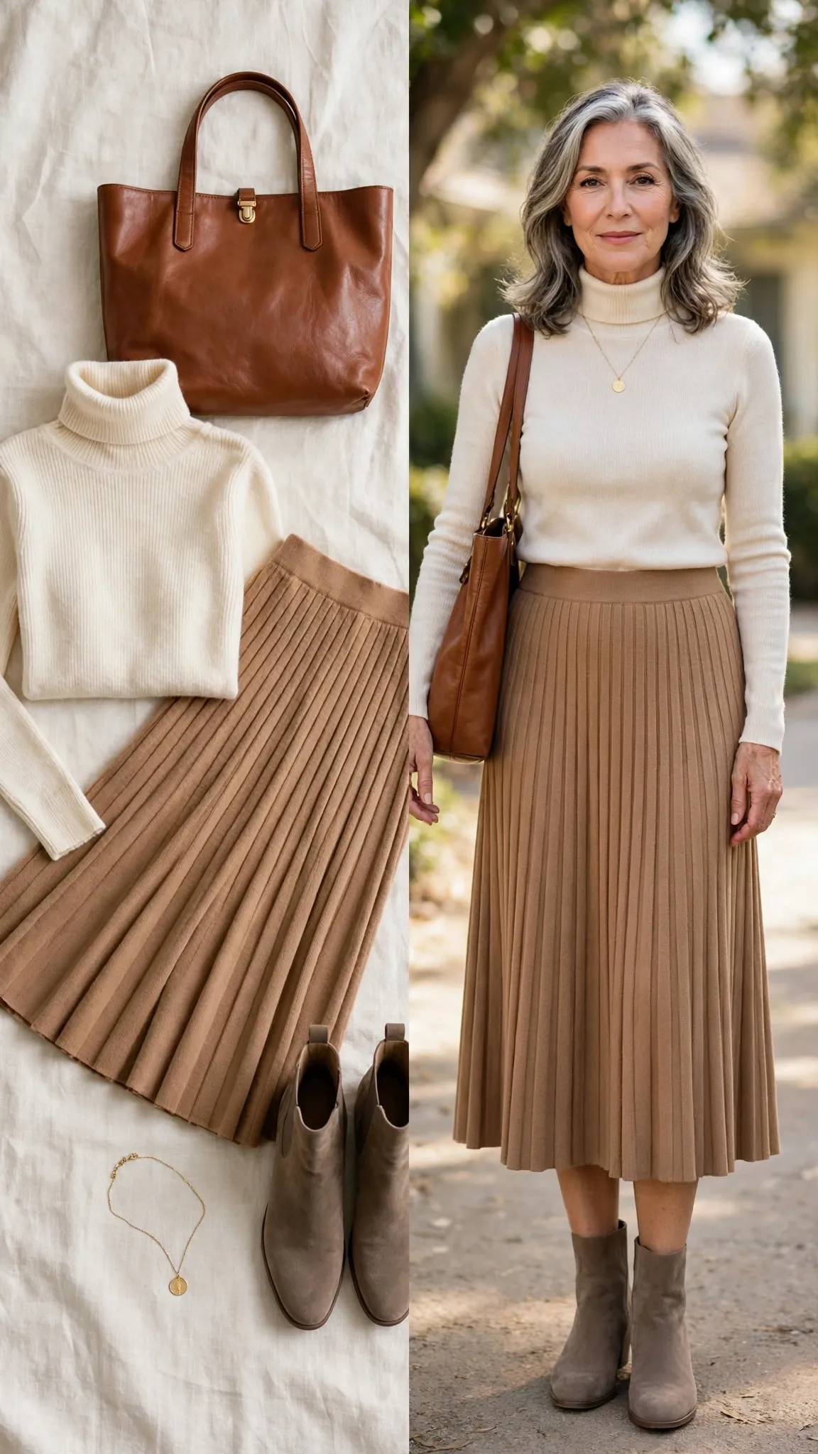 Split outfit idea: Pleated Knit Midi Skirt and a Turtleneck flat lay, and a mature woman over 50 wearing it