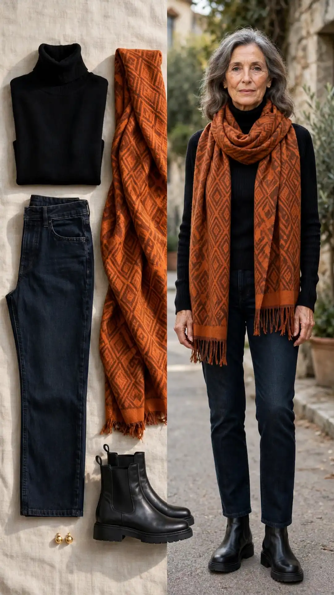 Split outfit idea: black turtleneck and burnt-orange patterned wool scarf flat lay and a mature woman wearing them with dark jeans and black ankle boots