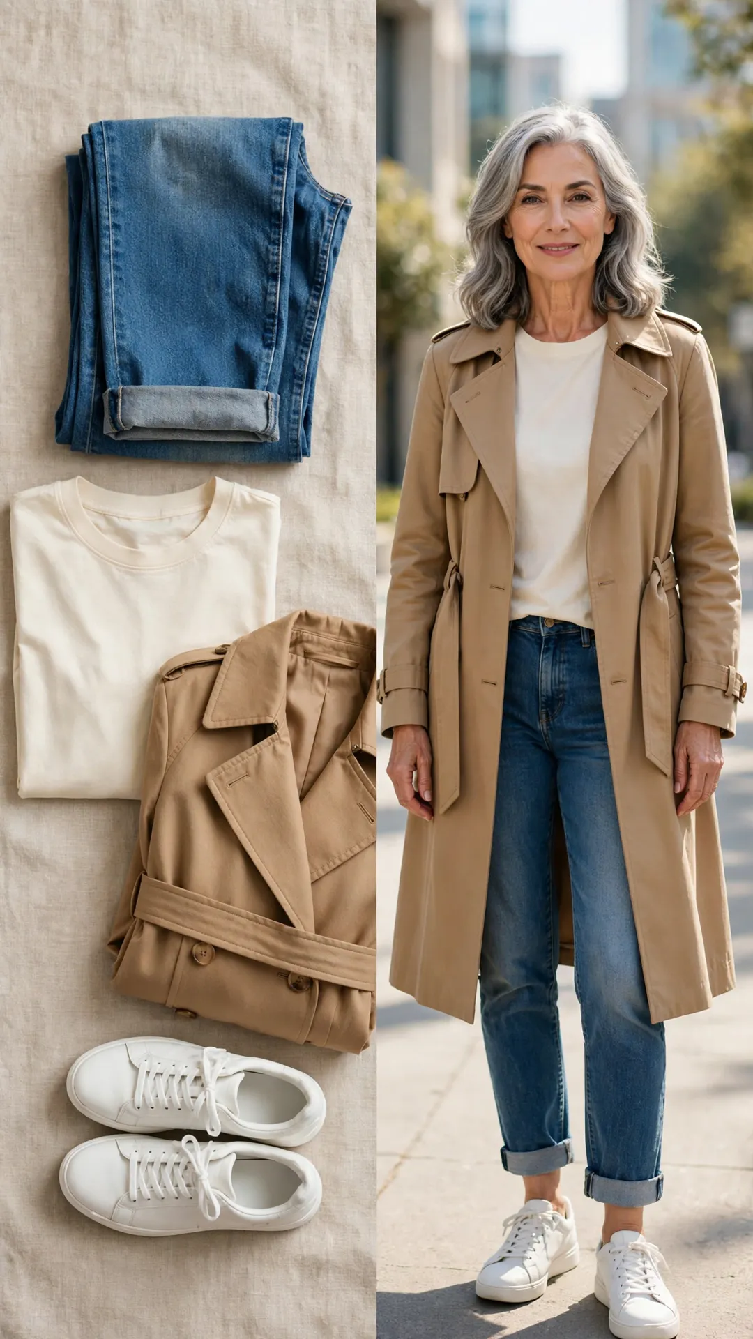 Split outfit idea: Cuffed Straight + Camel Trench flat lay, and a mature woman over 50 wearing it