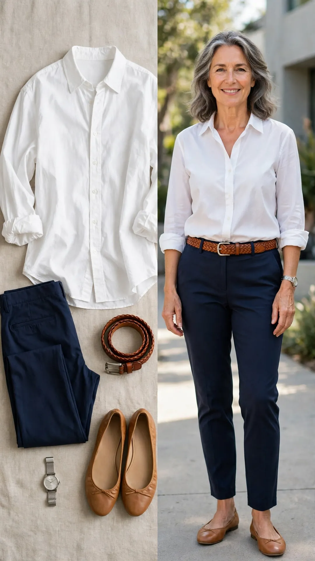 Split outfit idea: white oversized boyfriend shirt, navy tapered trousers, tan ballet flats and cognac woven belt flat lay, and a mature woman wearing them