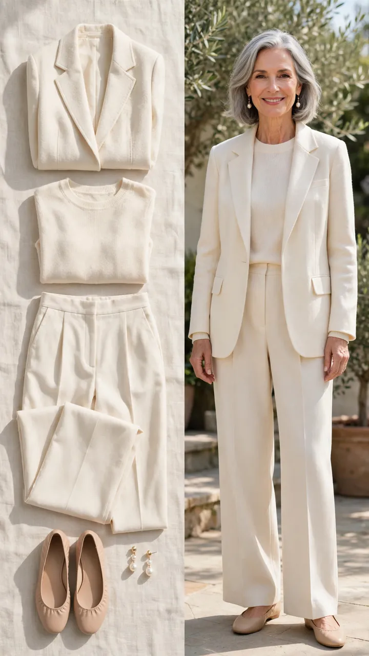 Split outfit idea: The Monochrome Ease flat lay, and a mature woman over 50 wearing it