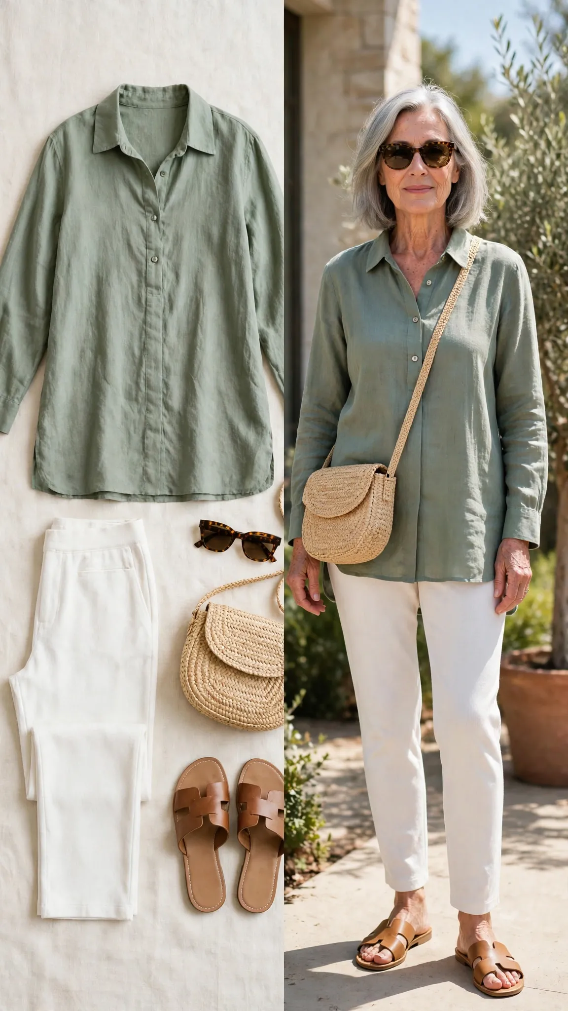 Split outfit idea: Linen-Look Tunic and White Ponte Pants flat lay, and a mature woman over 50 wearing it