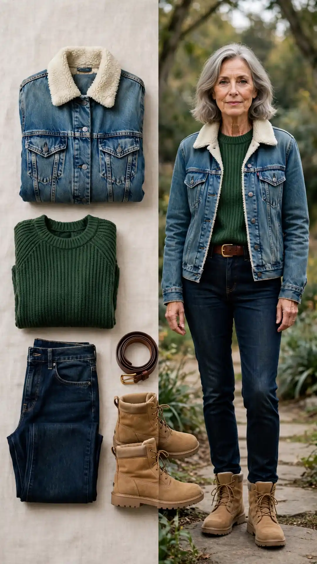 Split outfit idea: shearling-collar denim jacket and forest-green sweater flat lay and a mature woman wearing them with dark jeans and tan winter boots