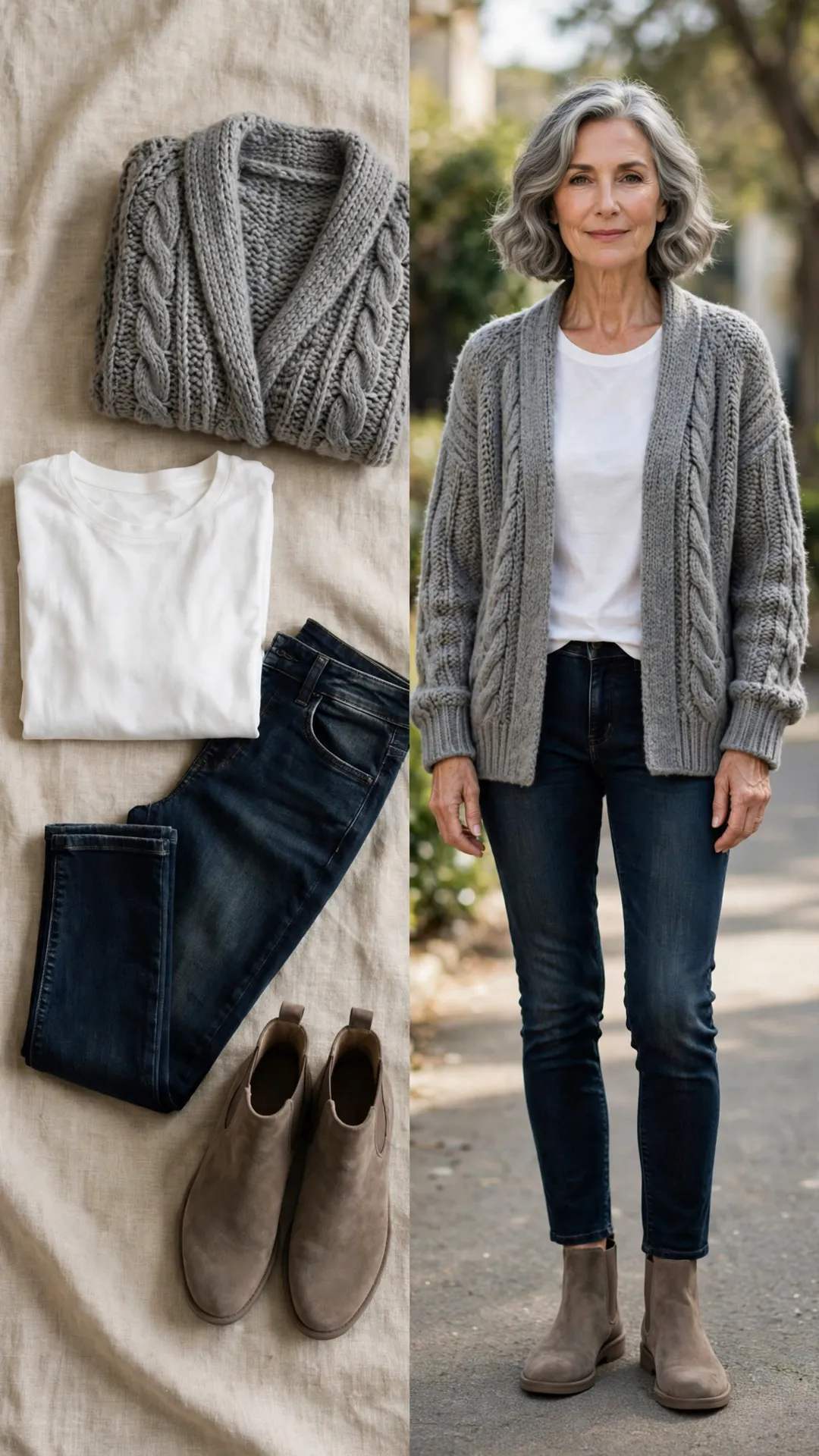 Split outfit idea: Dark Ankle Skinnies + Chunky Grey Cardigan flat lay, and a mature woman over 50 wearing it