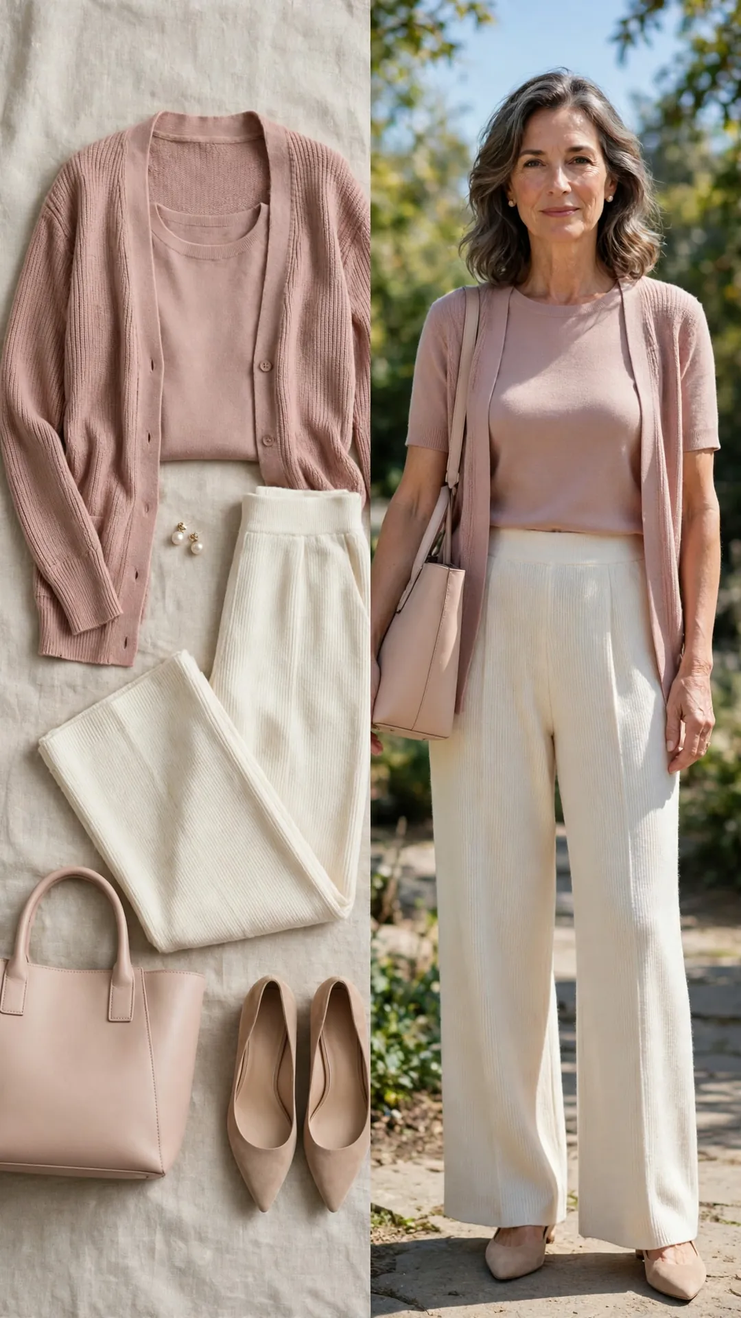 Split outfit idea: dusty-rose twinset knit top and cardigan, ivory wide-leg knit trousers, nude flats and blush tote flat lay, and a mature woman wearing them