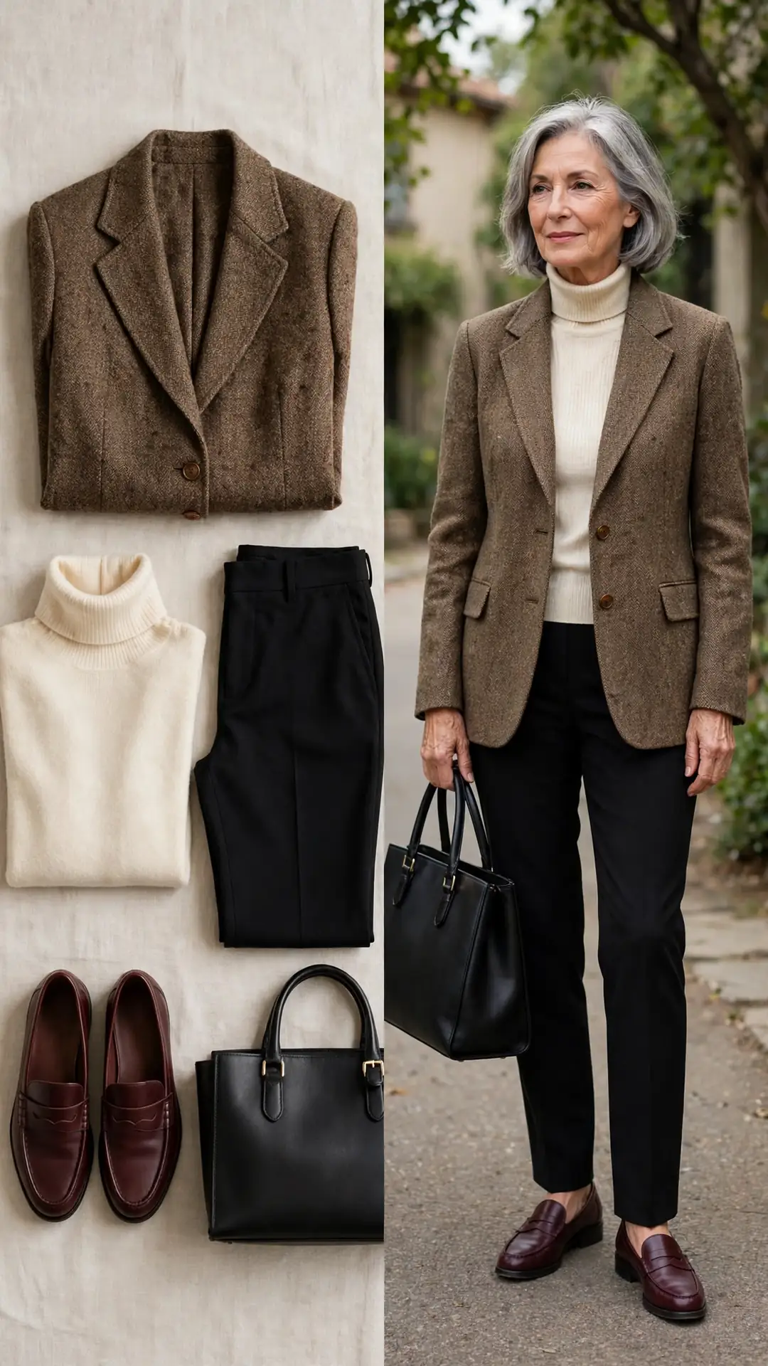 Split outfit idea: brown tweed blazer and cream turtleneck flat lay and a mature woman wearing them with black trousers and burgundy loafers