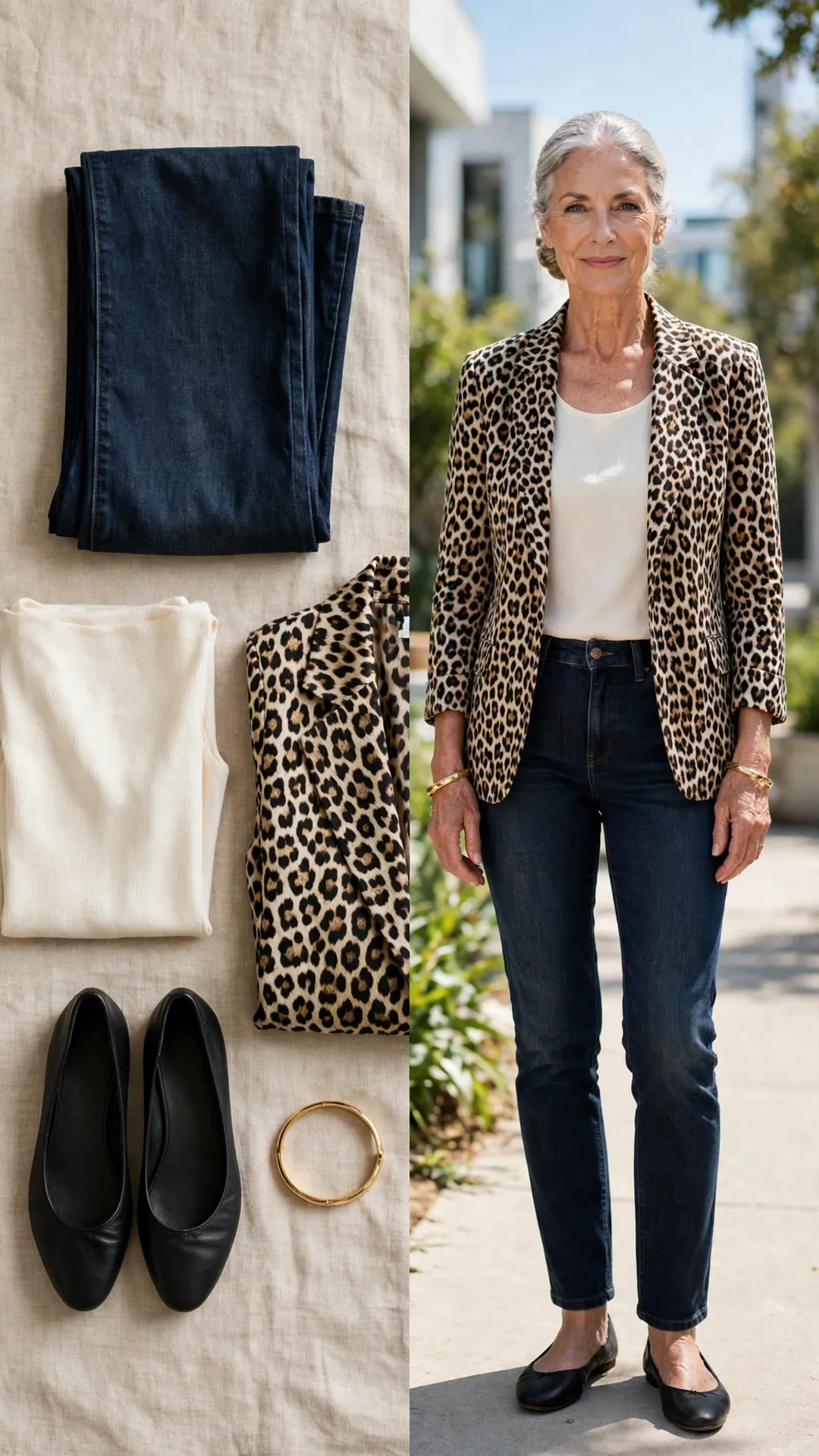 Split outfit idea: Dark Straight + Leopard Blazer flat lay, and a mature woman over 50 wearing it
