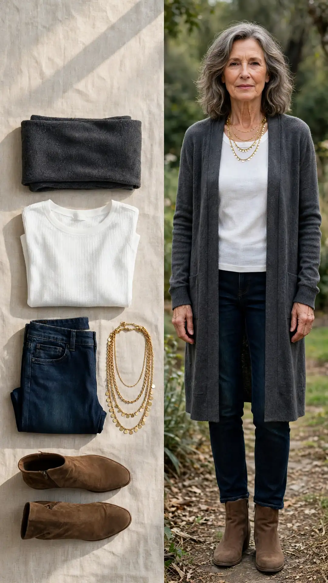 Split outfit idea: charcoal longline cardigan and white thermal top flat lay and a mature woman wearing them with dark jeans and brown suede ankle boots