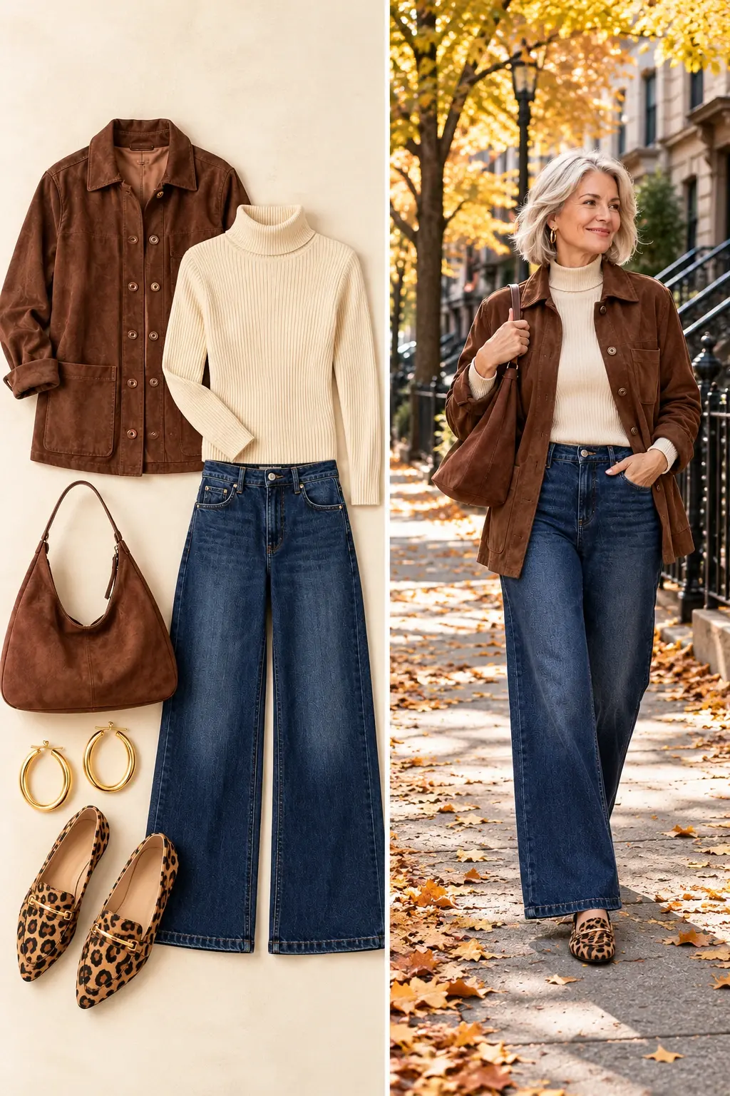 Coffee suede shacket, beige turtleneck, wide leg jeans and leopard loafers fall outfit for women over 50