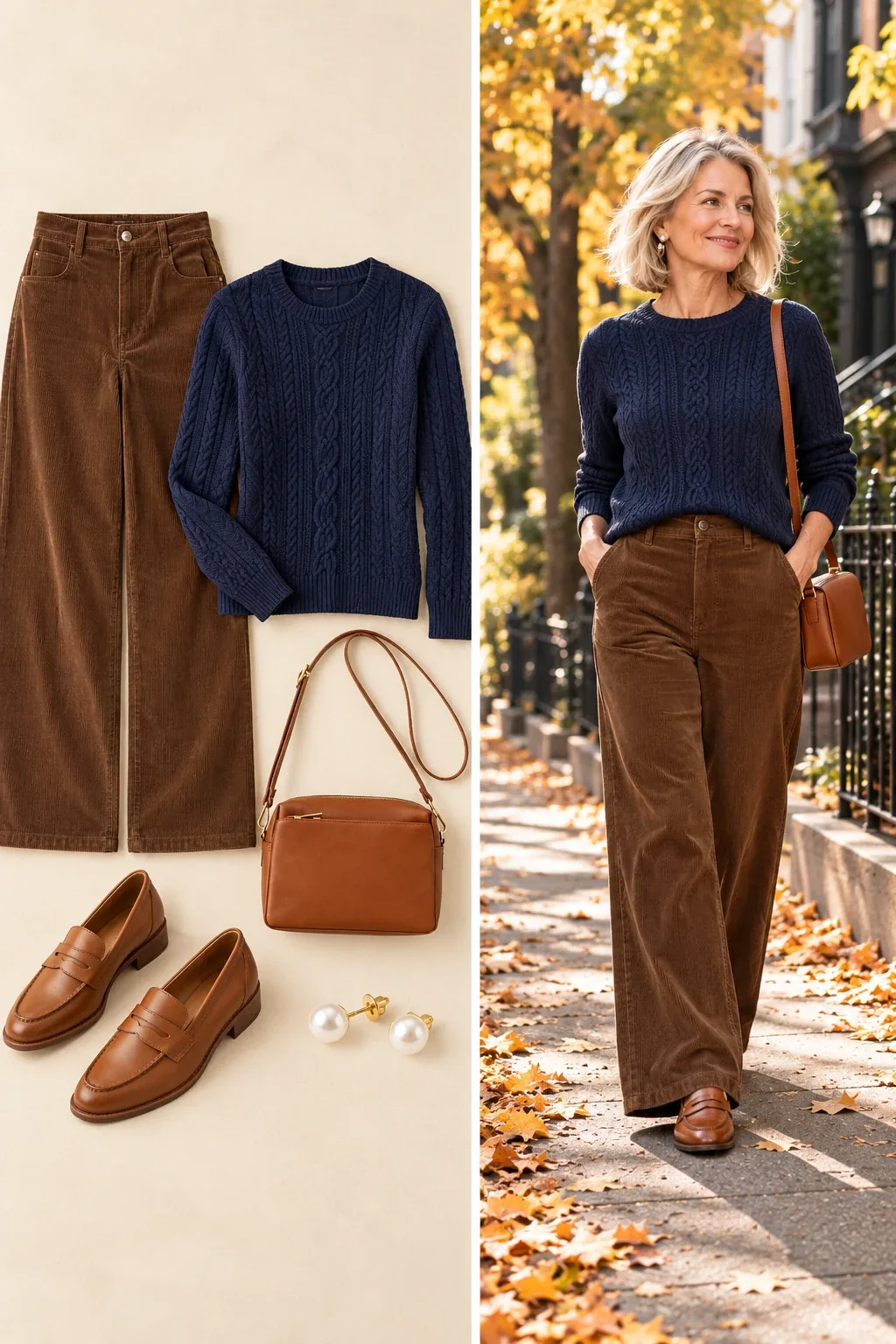 Navy cable knit sweater with brown corduroy wide leg pants and cognac penny loafers for women over 50