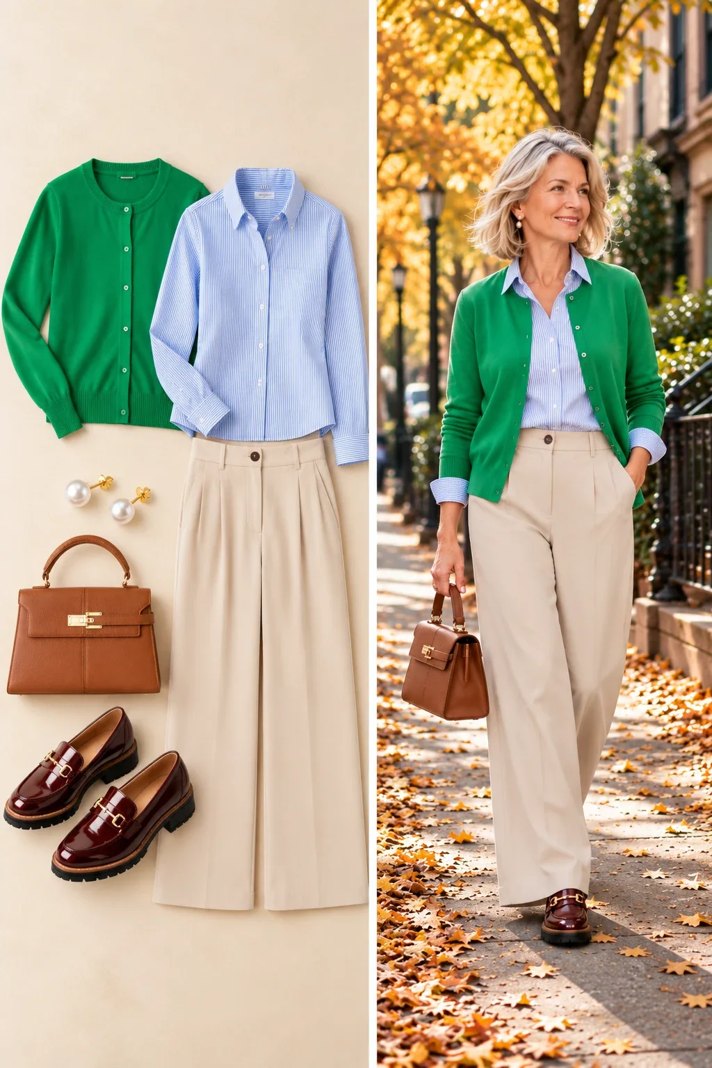 Green cardigan over striped oxford shirt with beige wide leg trousers and burgundy loafers, preppy fall outfit over 50