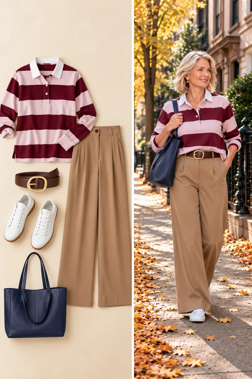 Burgundy striped rugby shirt with camel wide leg trousers, brown belt and white sneakers, casual fall outfit for women over 50