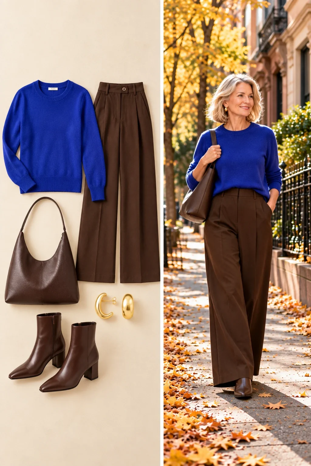 Cobalt blue sweater with chocolate brown wide leg trousers and brown ankle boots, colorful fall outfit for women over 50