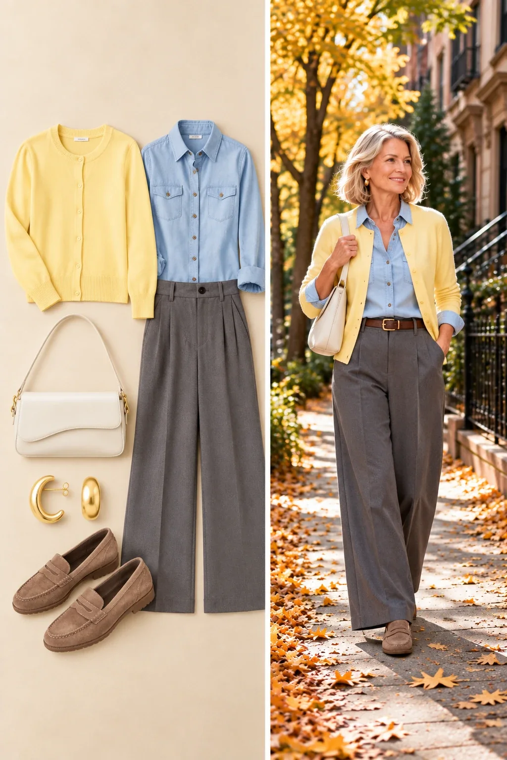 Butter yellow cardigan over chambray shirt with grey wide leg pants and taupe suede loafers for women over 50