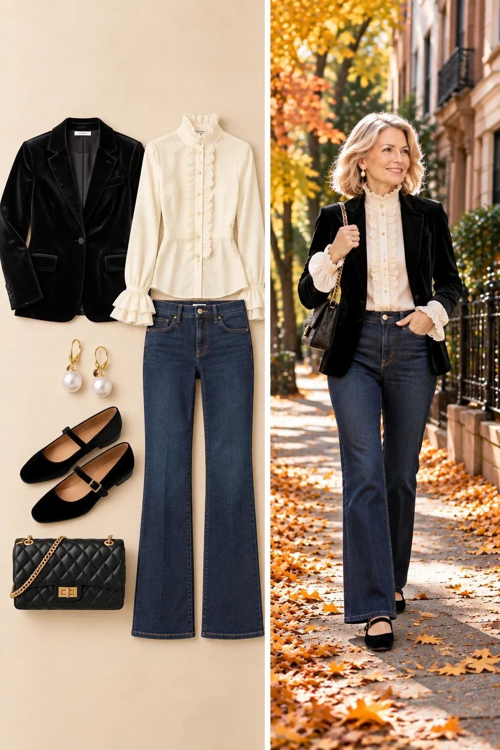Black velvet blazer over ivory ruffle blouse with bootcut jeans and velvet Mary Jane flats, romantic fall outfit over 50