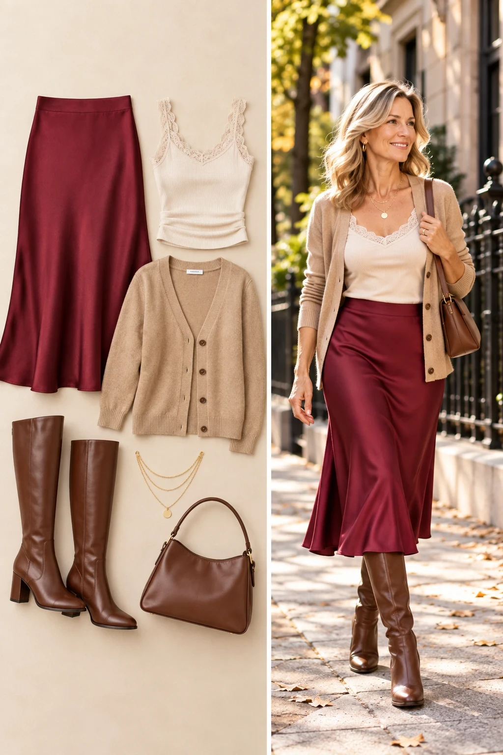 Wine red satin midi skirt with lace cami, camel cardigan and brown knee high boots, dressy fall outfit for women over 50