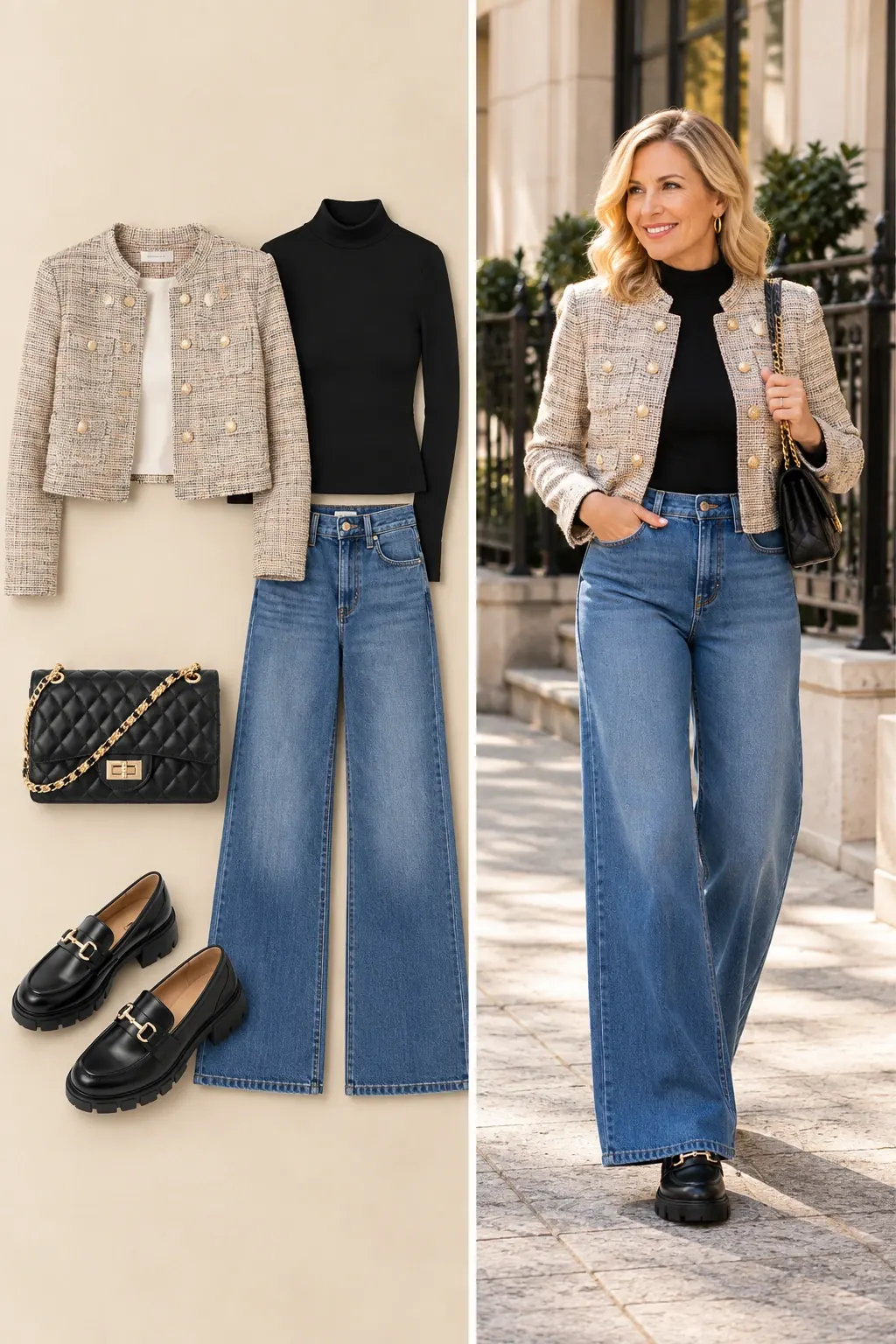 Cropped tweed jacket with black turtleneck, wide leg jeans and chunky loafers, modern fall outfit for women over 50