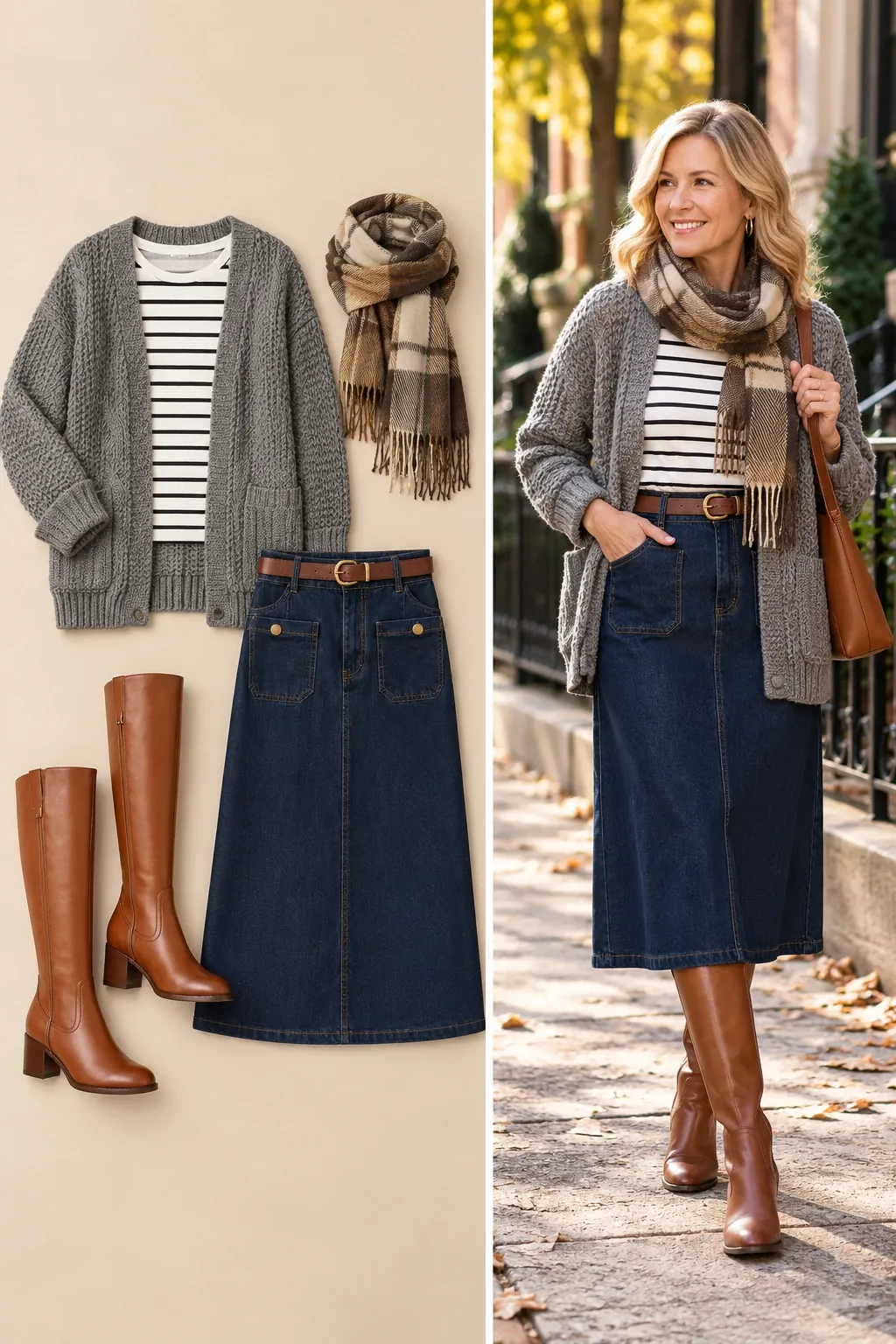 Denim midi skirt with striped tee, grey chunky cardigan, plaid scarf and riding boots, cozy fall outfit for women over 50