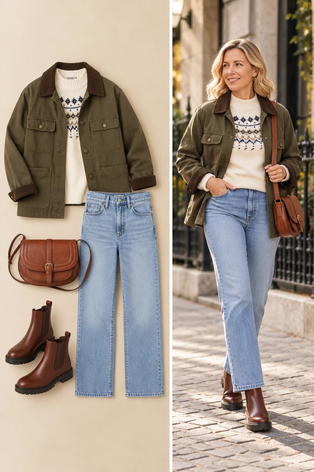 Olive barn jacket with cream Fair Isle sweater, straight jeans and brown Chelsea boots, heritage fall outfit for women over 50