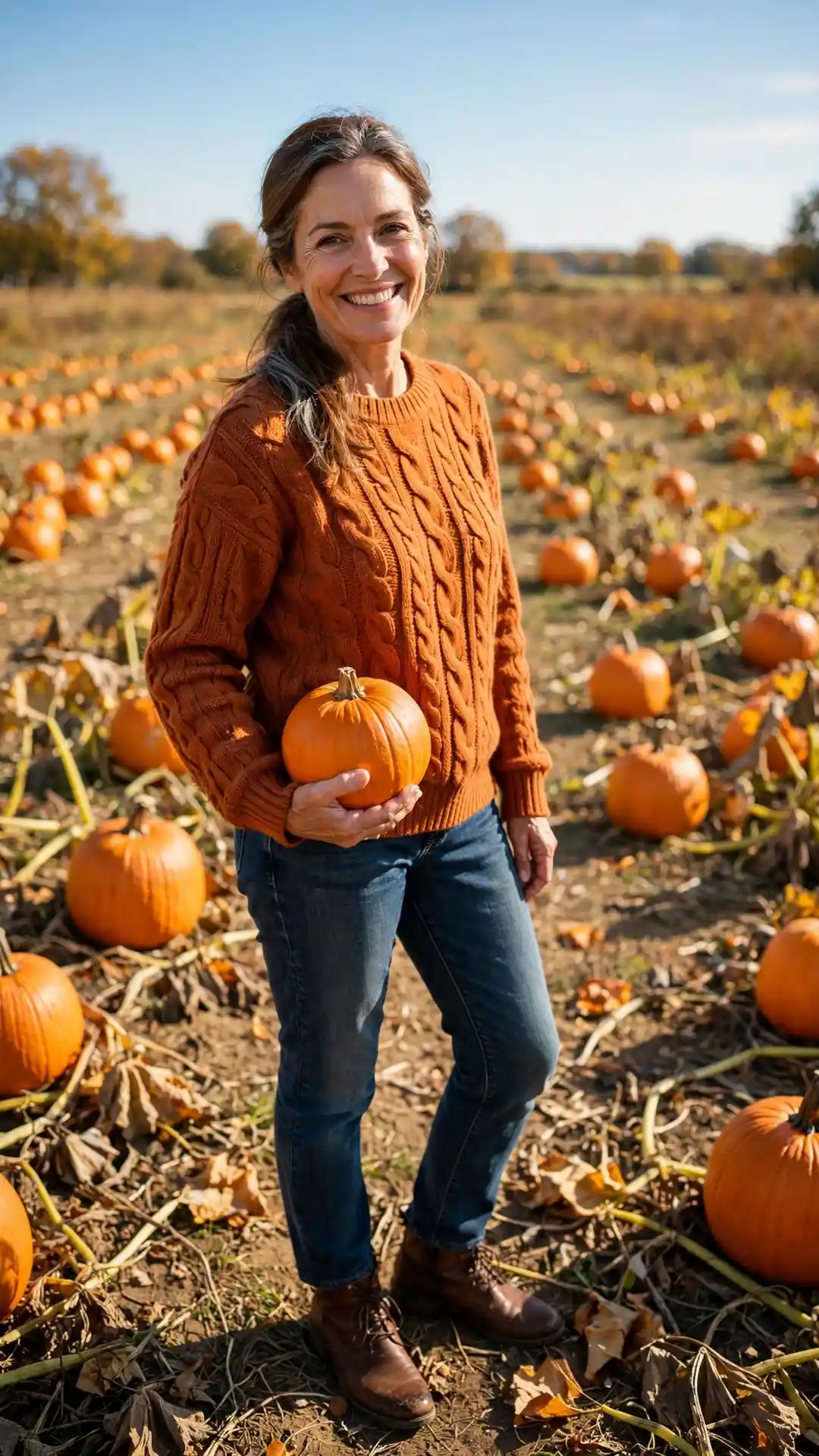 A joyful woman in her mid-50s wearing a burnt-orange cable-knit sweater, dark jeans, and brown boots stands in a sunlit pumpkin patch holding a small orange pumpkin.