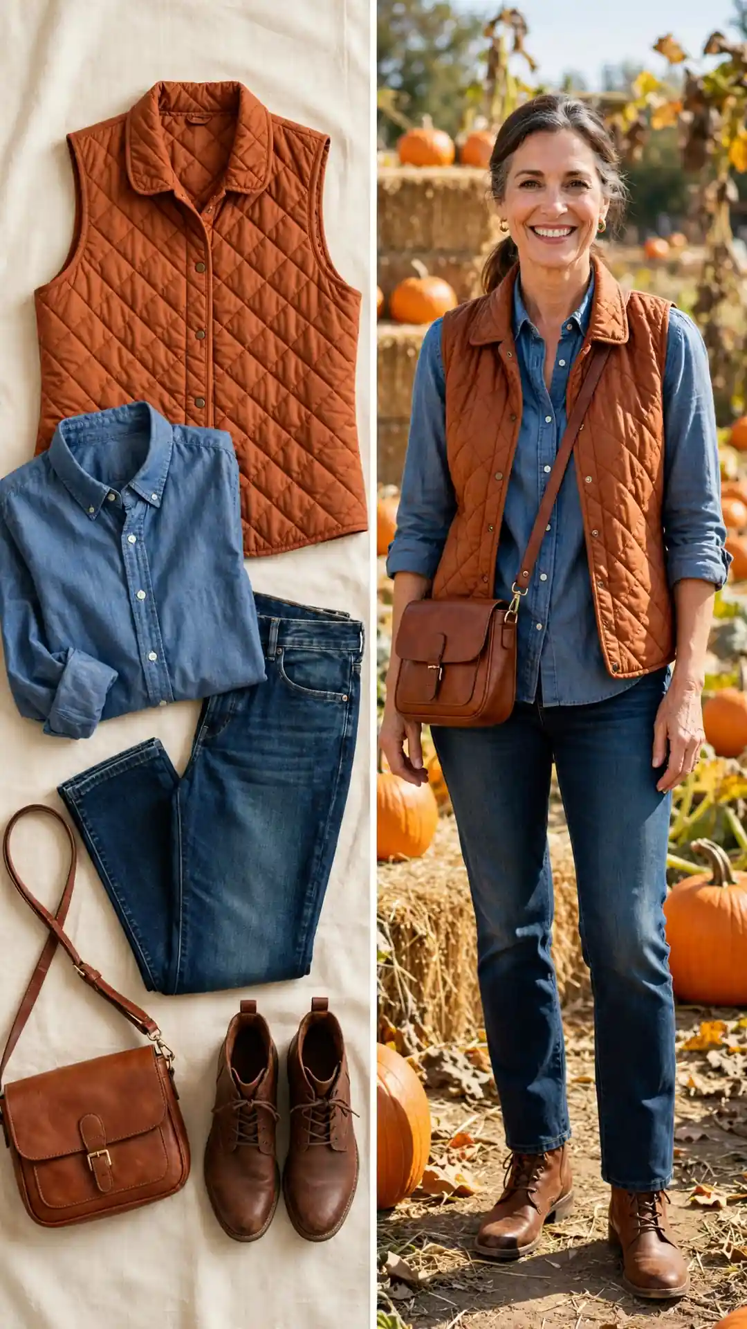 Split outfit idea: rust quilted barn vest and chambray shirt flat lay, and a mature woman wearing them at a sunny pumpkin patch with dark jeans and brown ankle boots.