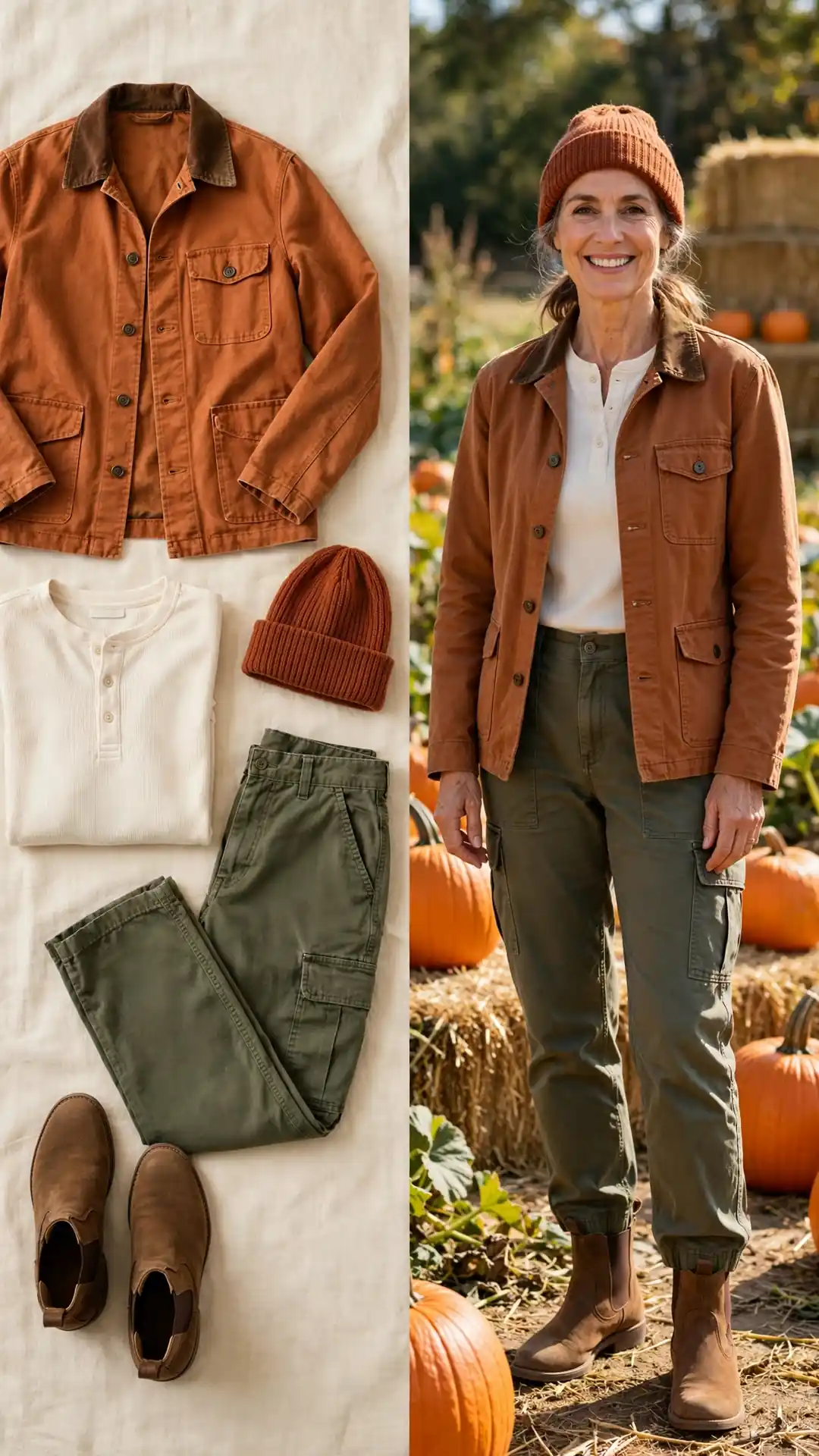 Split outfit idea: burnt-orange barn jacket and cream henley flat lay, and a mature woman wearing them at a pumpkin patch with olive cargo pants and brown chelsea boots.