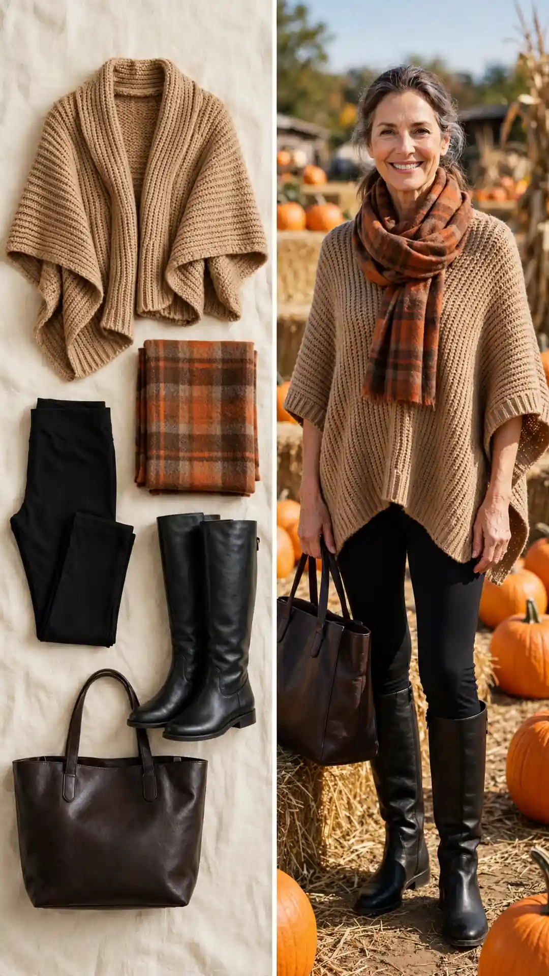 Split outfit idea: camel poncho and plaid scarf flat lay, and a mature woman wearing them at a pumpkin patch with black leggings and knee-high boots.