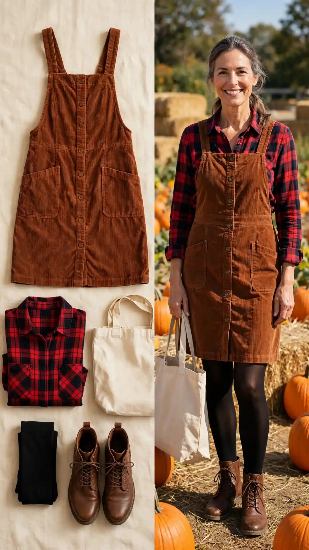 Split outfit idea: rust corduroy pinafore and red plaid flannel flat lay, and a mature woman wearing them at a pumpkin patch with tights and brown lace-up boots.