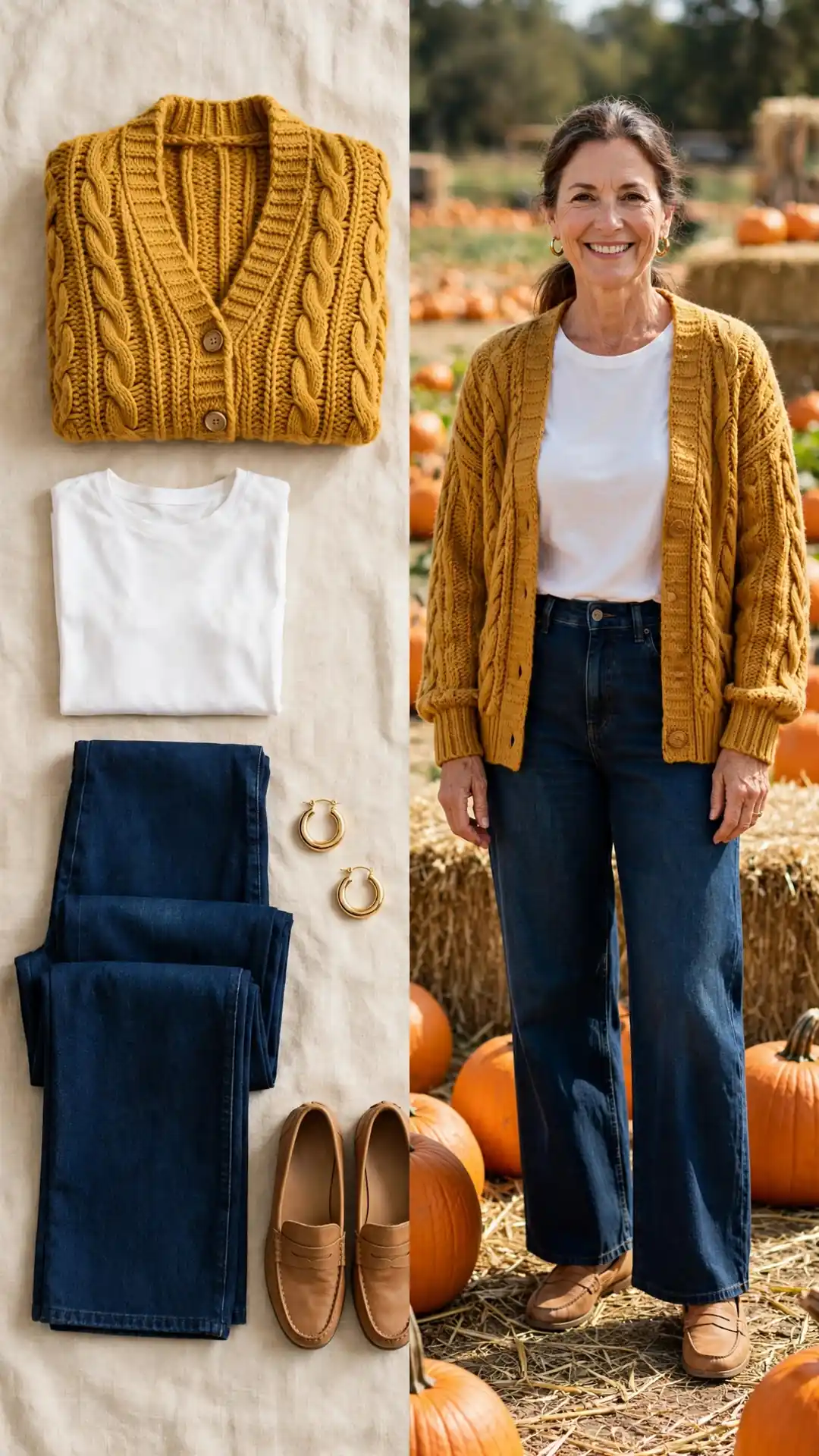 Split outfit idea: mustard cardigan and white tee flat lay, and a mature woman wearing them at a pumpkin patch with wide-leg jeans and tan loafers.