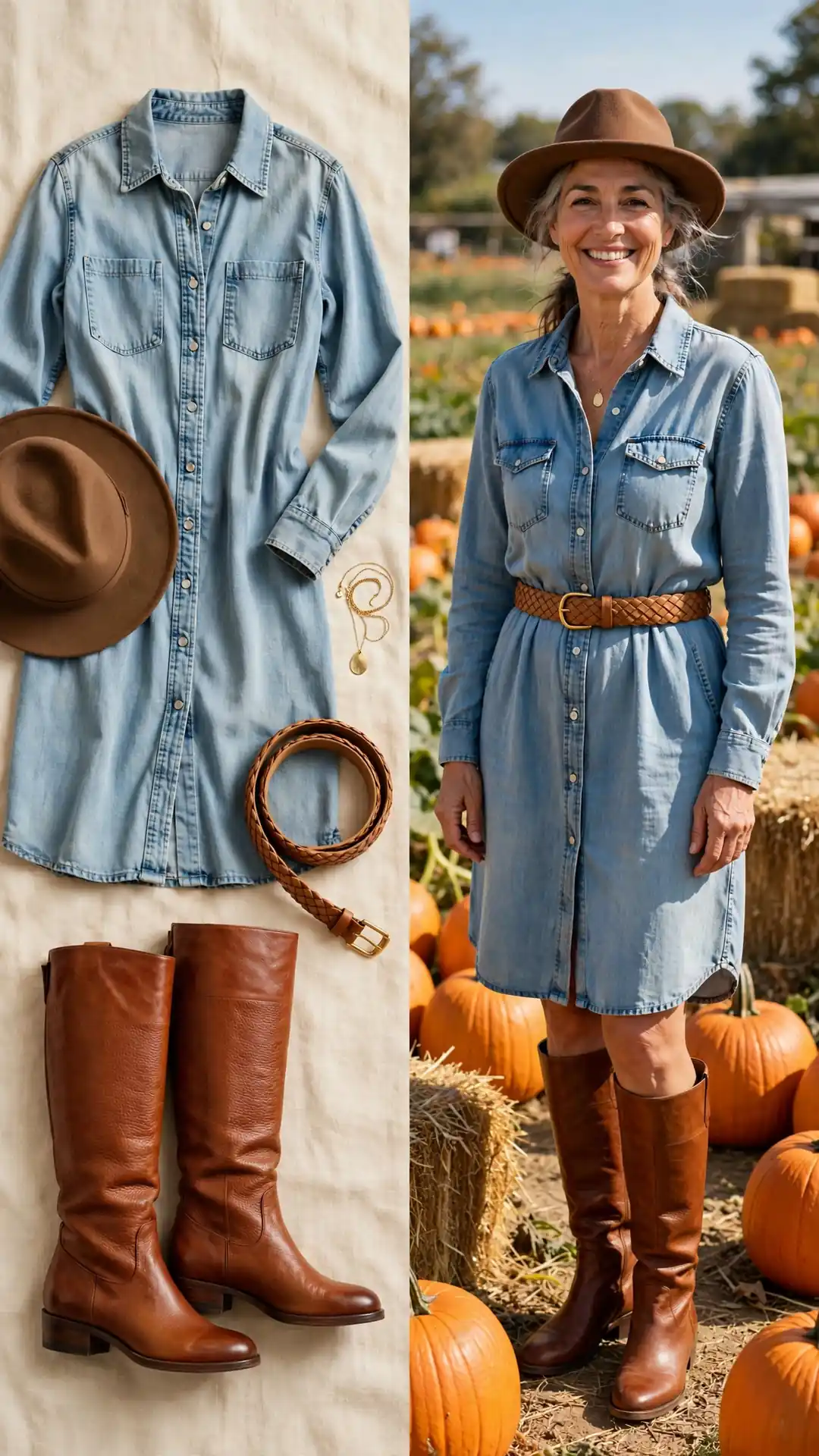 Split outfit idea: denim shirt dress and tan belt flat lay, and a mature woman wearing them at a pumpkin patch with cognac knee boots and a brown fedora.
