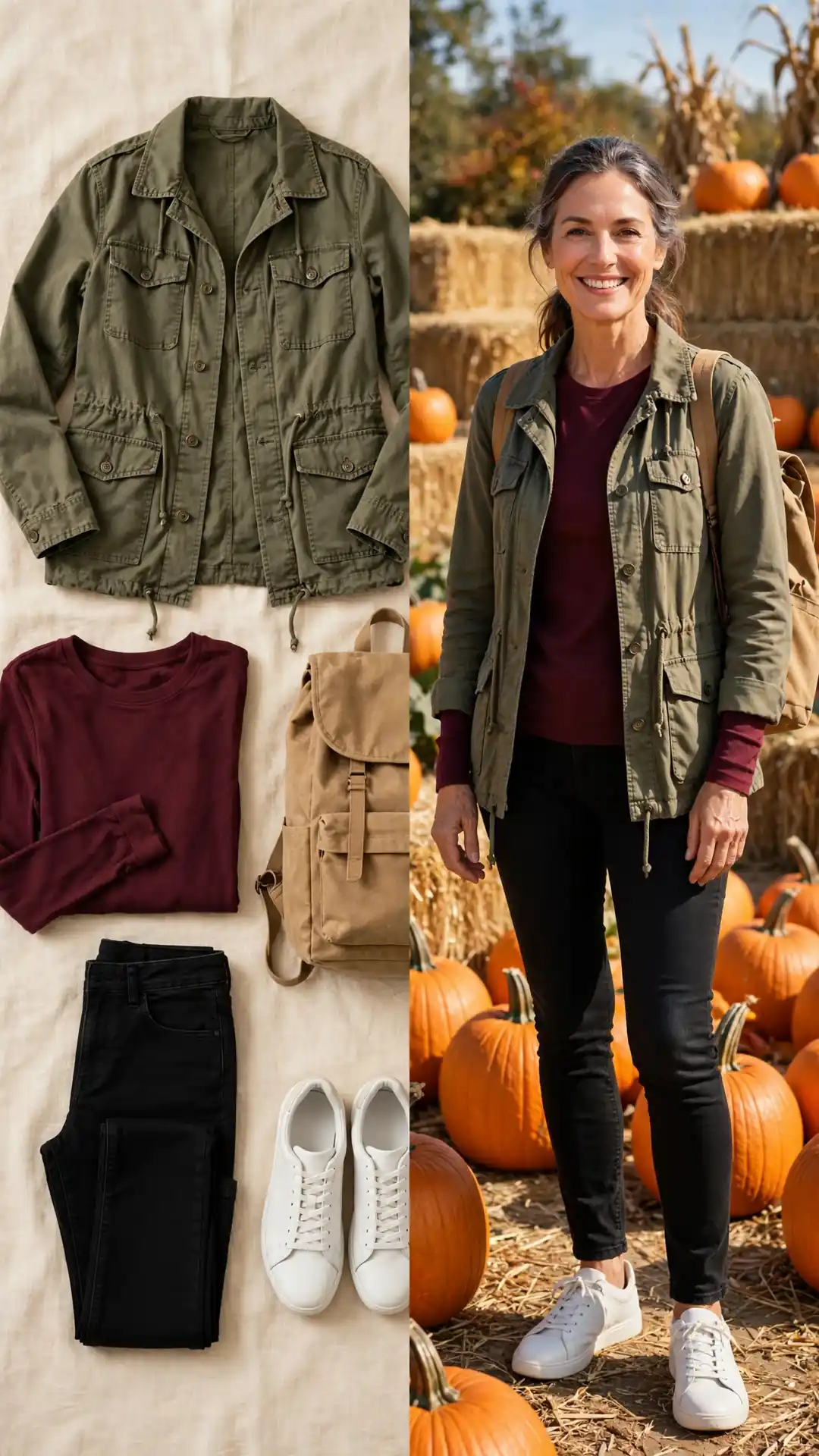 Split outfit idea: olive utility jacket and burgundy tee flat lay, and a mature woman wearing them at a pumpkin patch with black jeans and white sneakers.