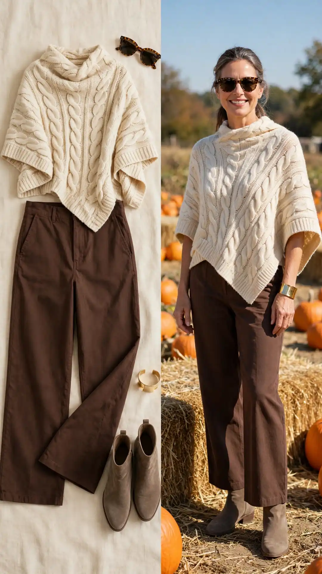 Split outfit idea: cream cable poncho and chocolate trousers flat lay, and a mature woman wearing them at a pumpkin patch with taupe ankle boots.