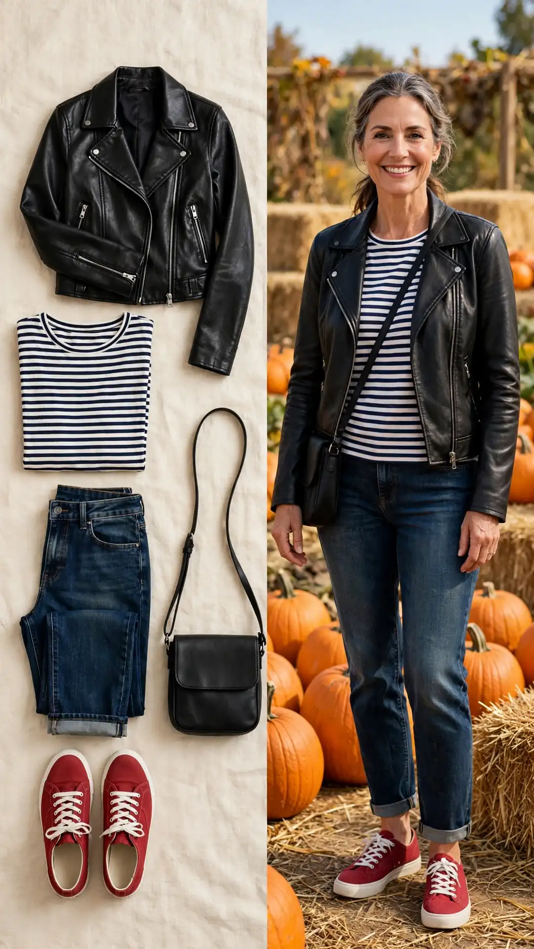 Split outfit idea: black moto jacket and striped tee flat lay, and a mature woman wearing them at a pumpkin patch with boyfriend jeans and red sneakers.