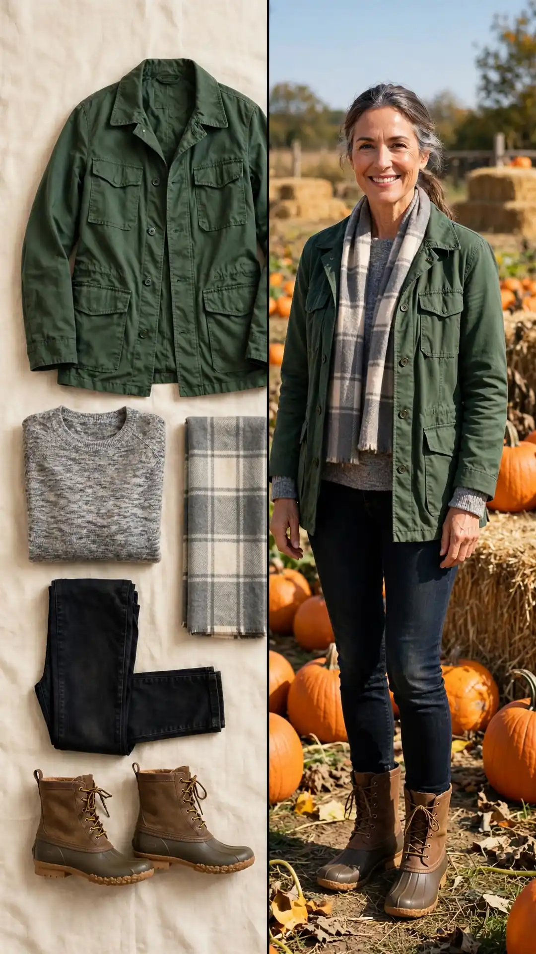 Split outfit idea: forest green field jacket and grey sweater flat lay, and a mature woman wearing them at a pumpkin patch with duck boots and a plaid scarf.