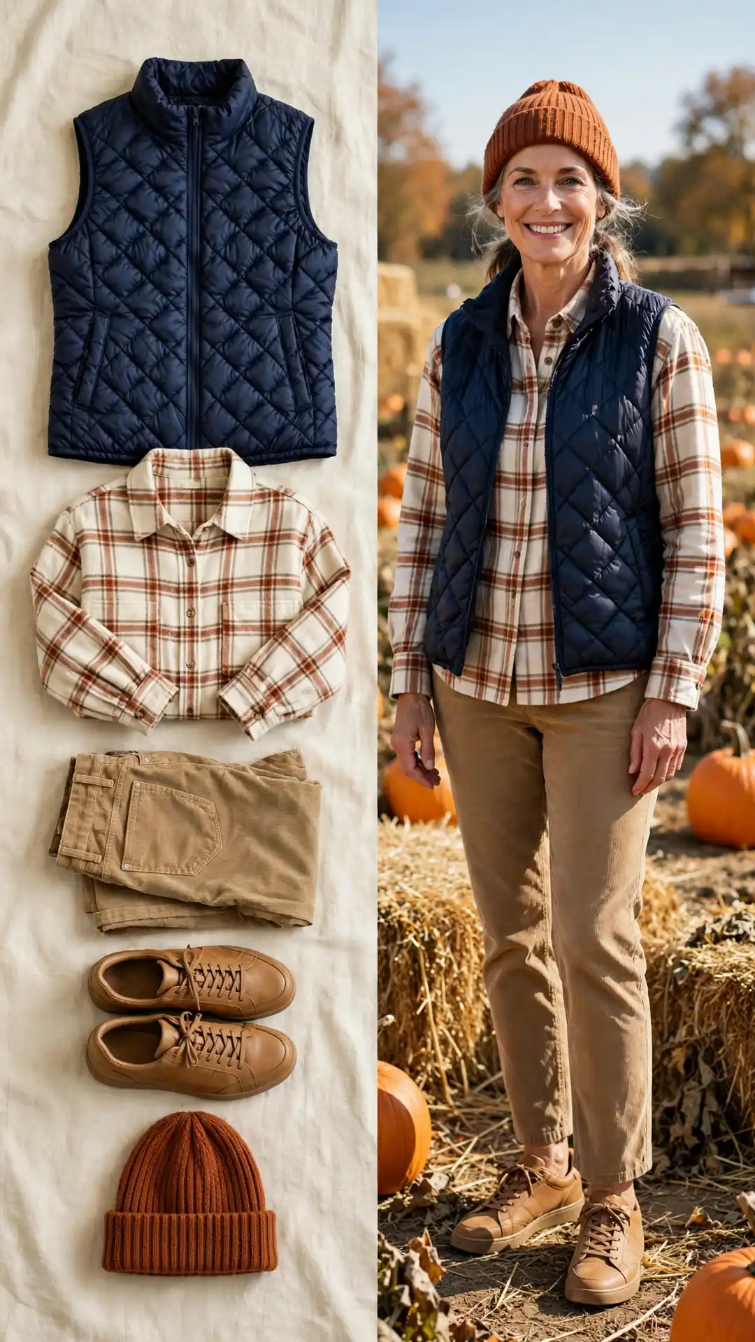 Split outfit idea: navy puffer vest and plaid flannel flat lay, and a mature woman wearing them at a pumpkin patch with corduroy pants and a rust beanie.