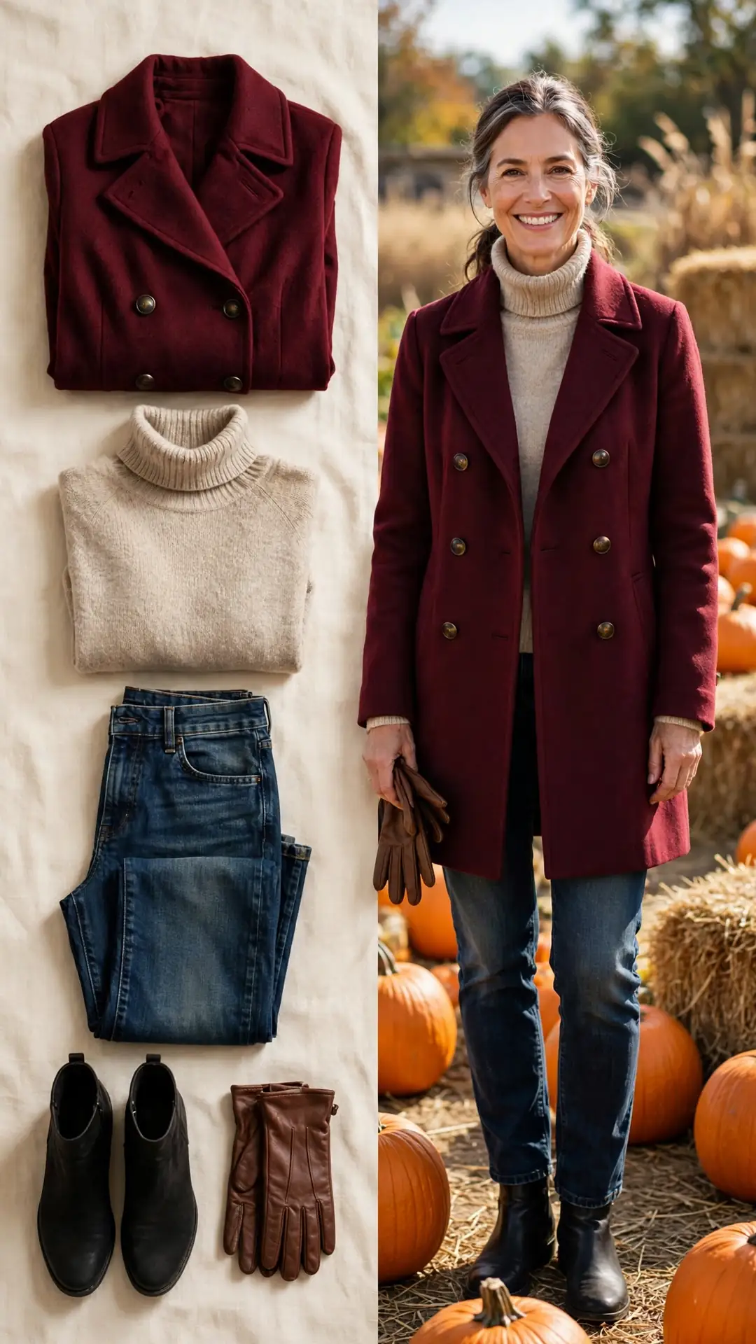 Split outfit idea: burgundy pea coat and oatmeal turtleneck flat lay, and a mature woman wearing them at a pumpkin patch with jeans, ankle boots, and leather gloves.
